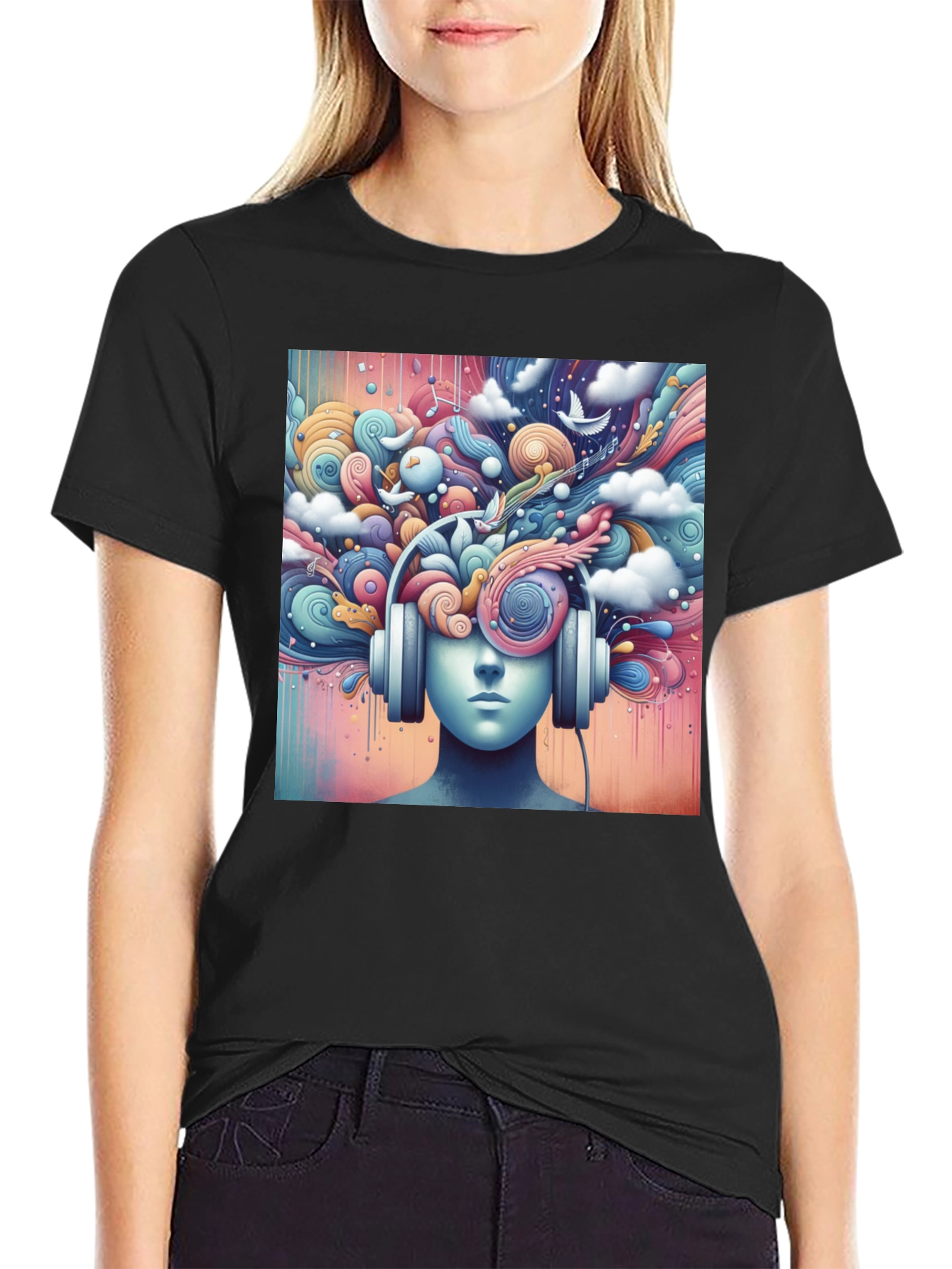 Black Mindful Music Tee - Artistic Headphone Design view 2