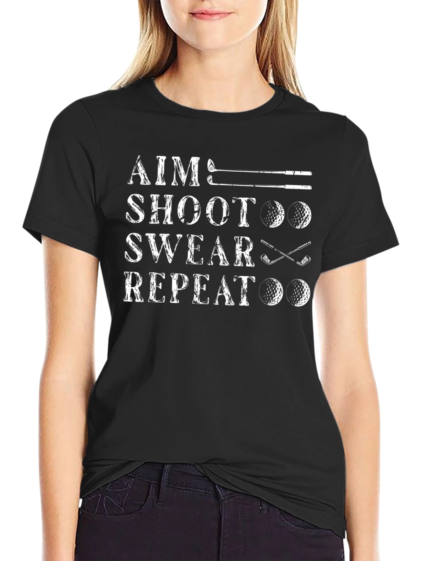 Black Aim Shoot Swear Repeat - Golf T-Shirt view 2