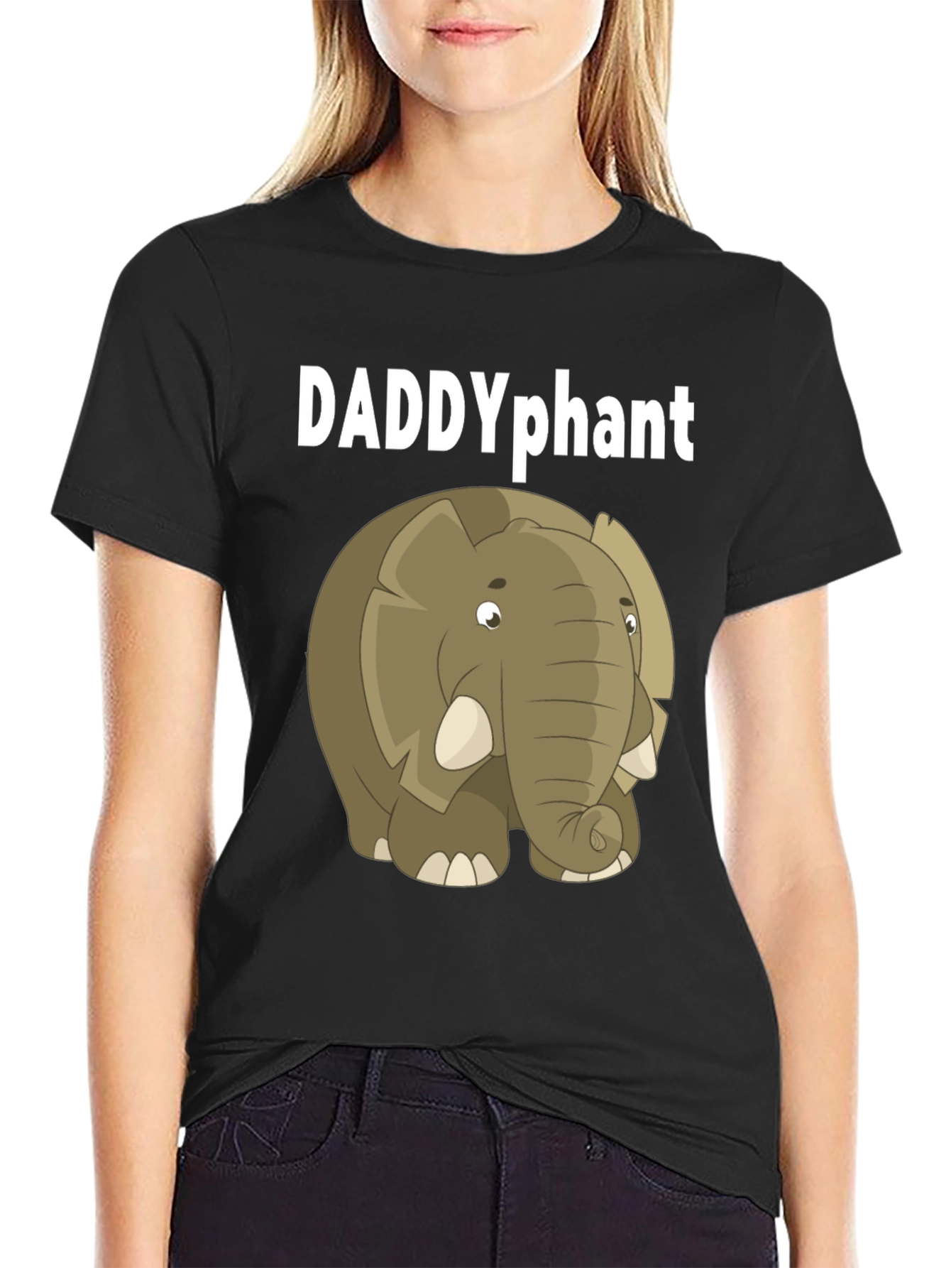 Black DADDYphant Elephant Cartoon Black T-Shirt view 2