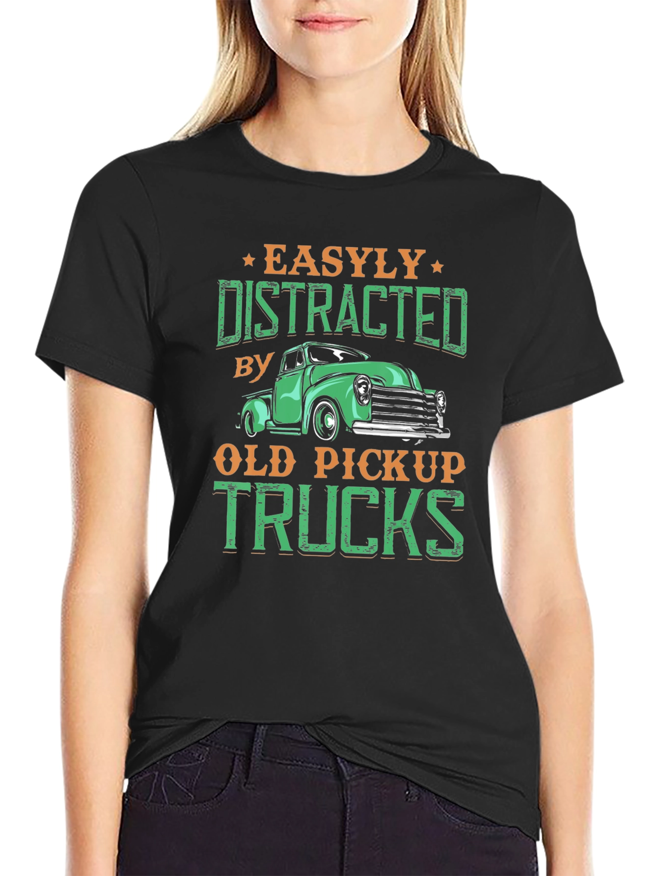 Black Easily Distracted Old Pickup Trucks Graphic Tee view 2