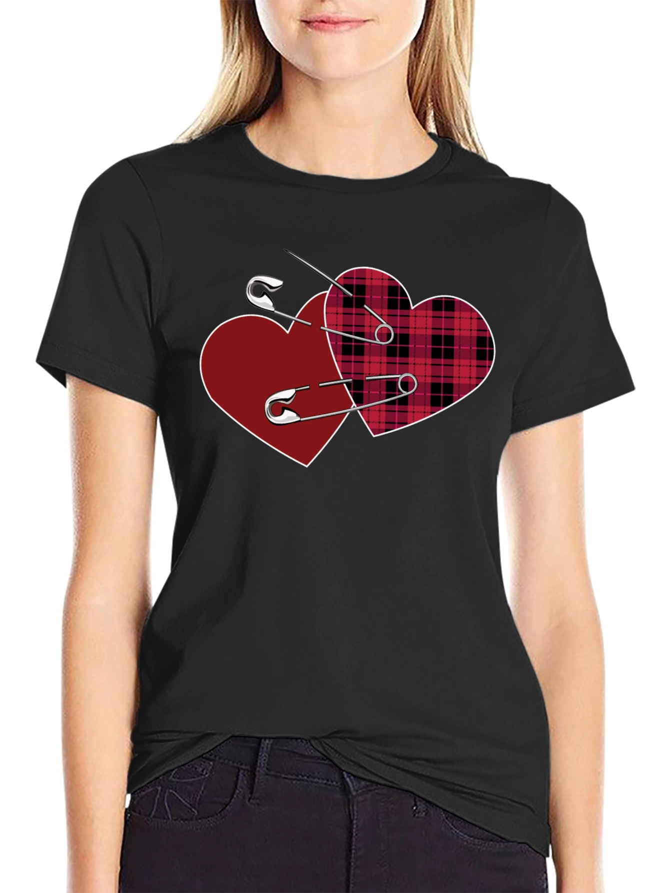 Black Safety Pin Hearts Graphic Tee - Edgy Valentine's Style view 2