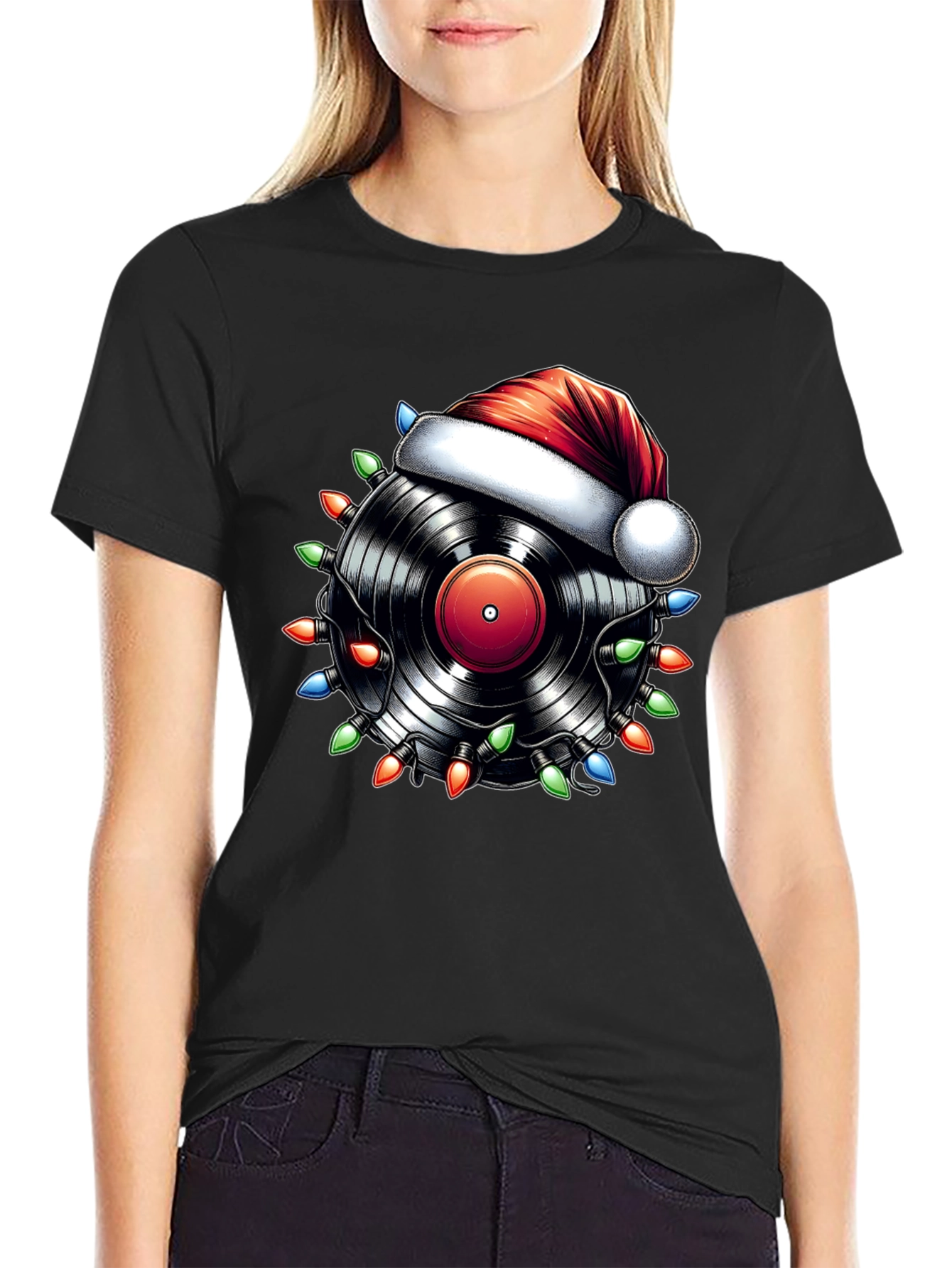 Black Festive Vinyl Record Santa Hat T-Shirt view 2