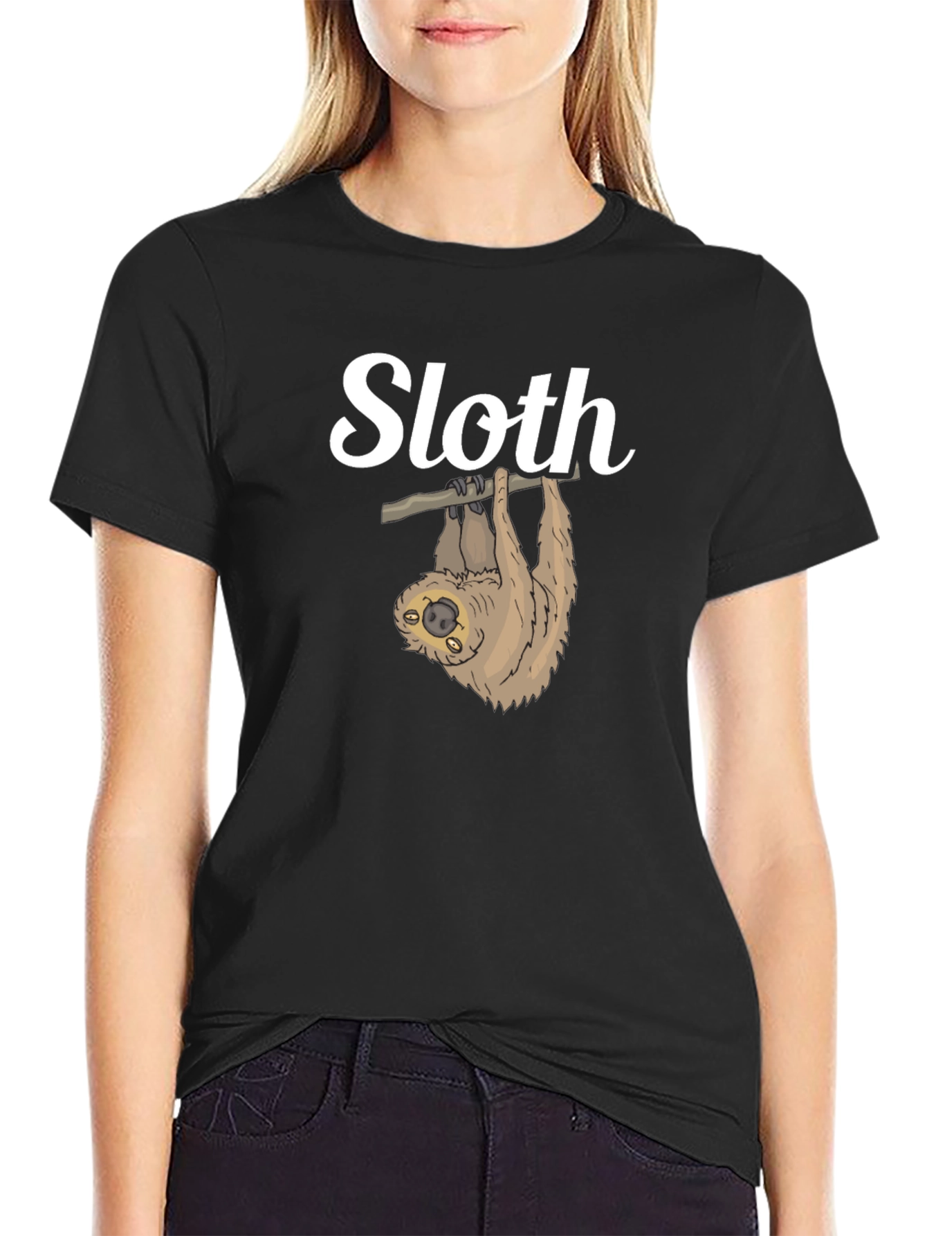 Black Cute Sloth Hanging T-Shirt - Funny Animal Tee view 2