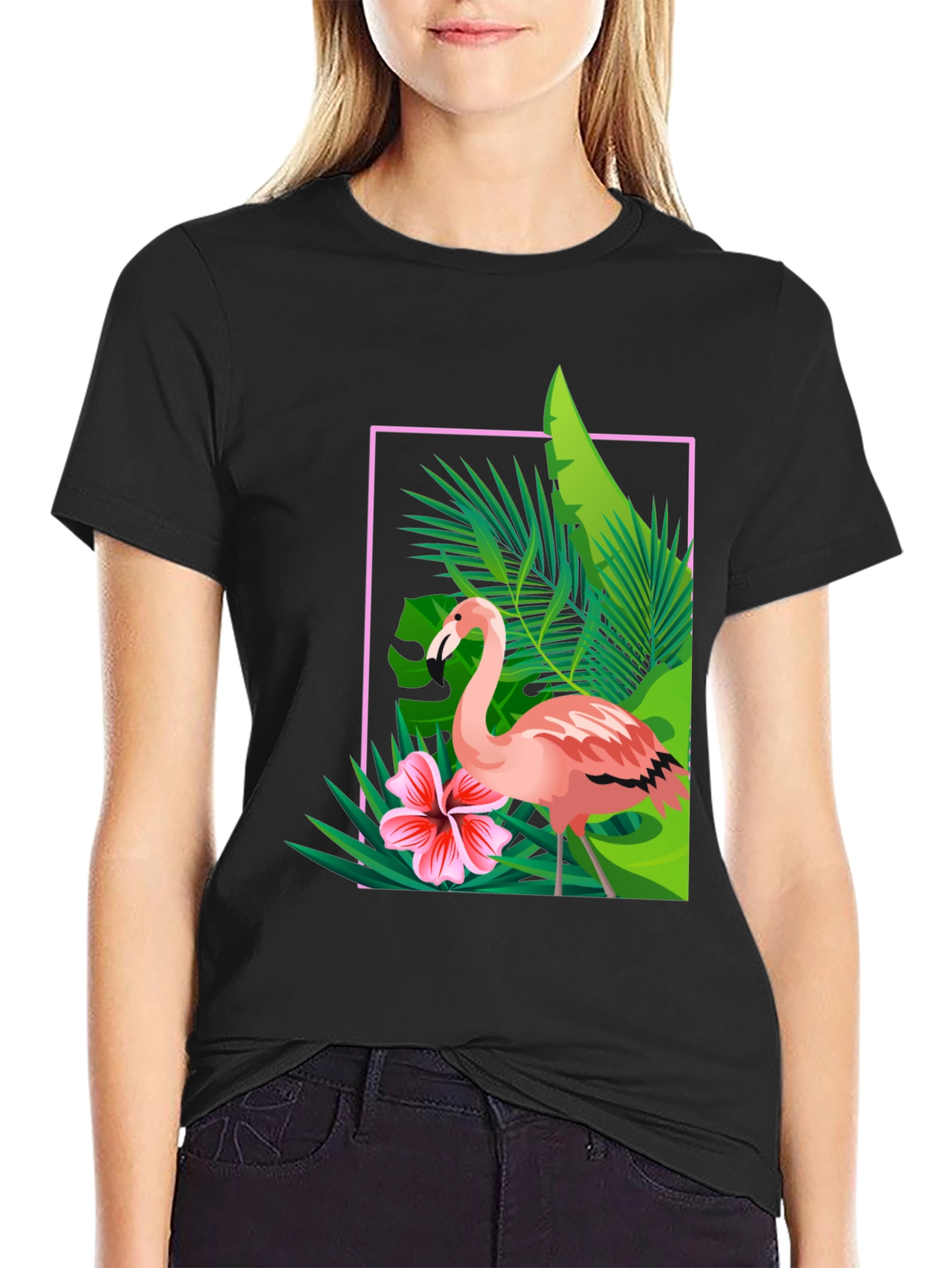 Black Tropical Flamingo Graphic Tee - Stylish Summer T-Shirt view 2