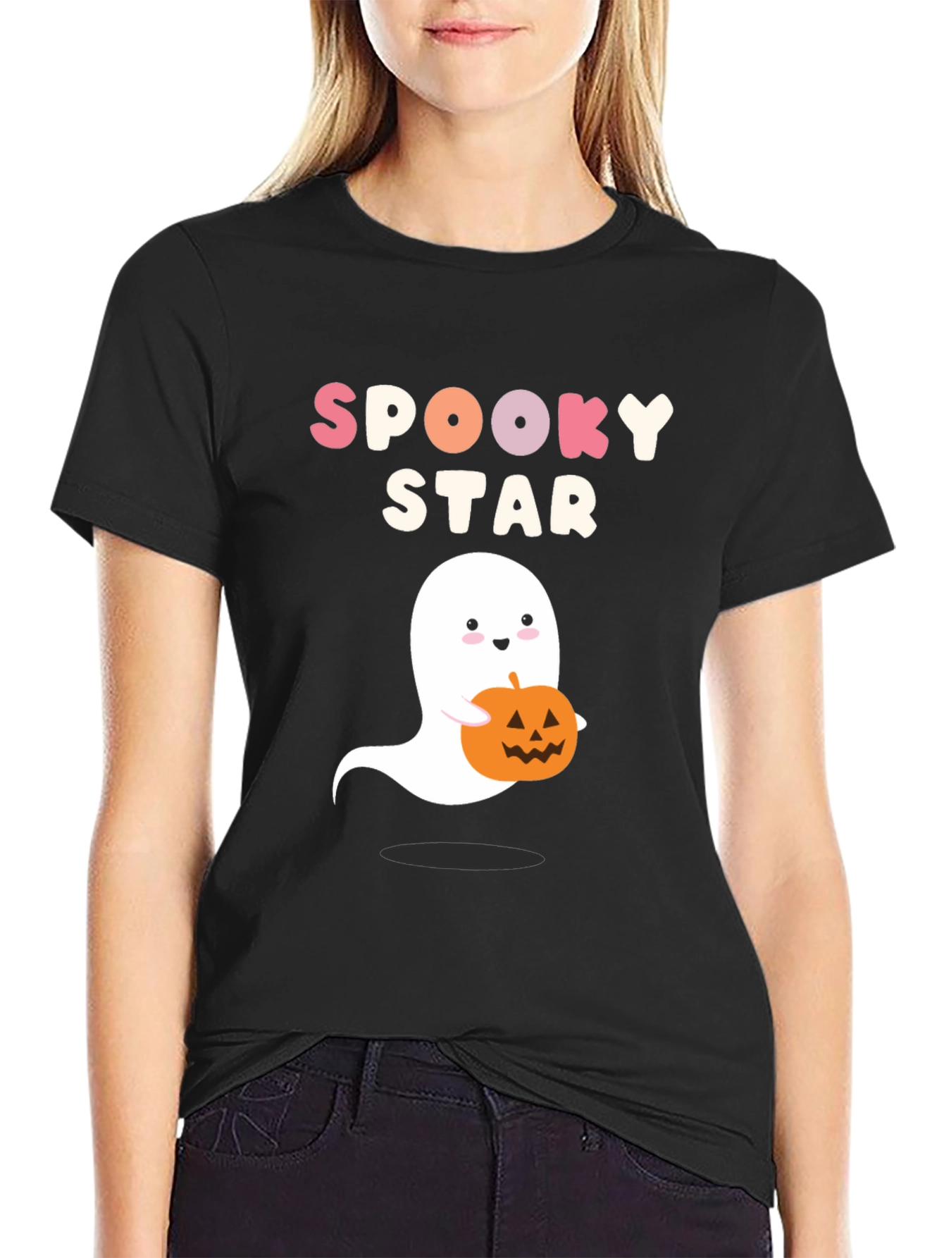 Black Spooky Star Ghost & Pumpkin Graphic Tee view 2