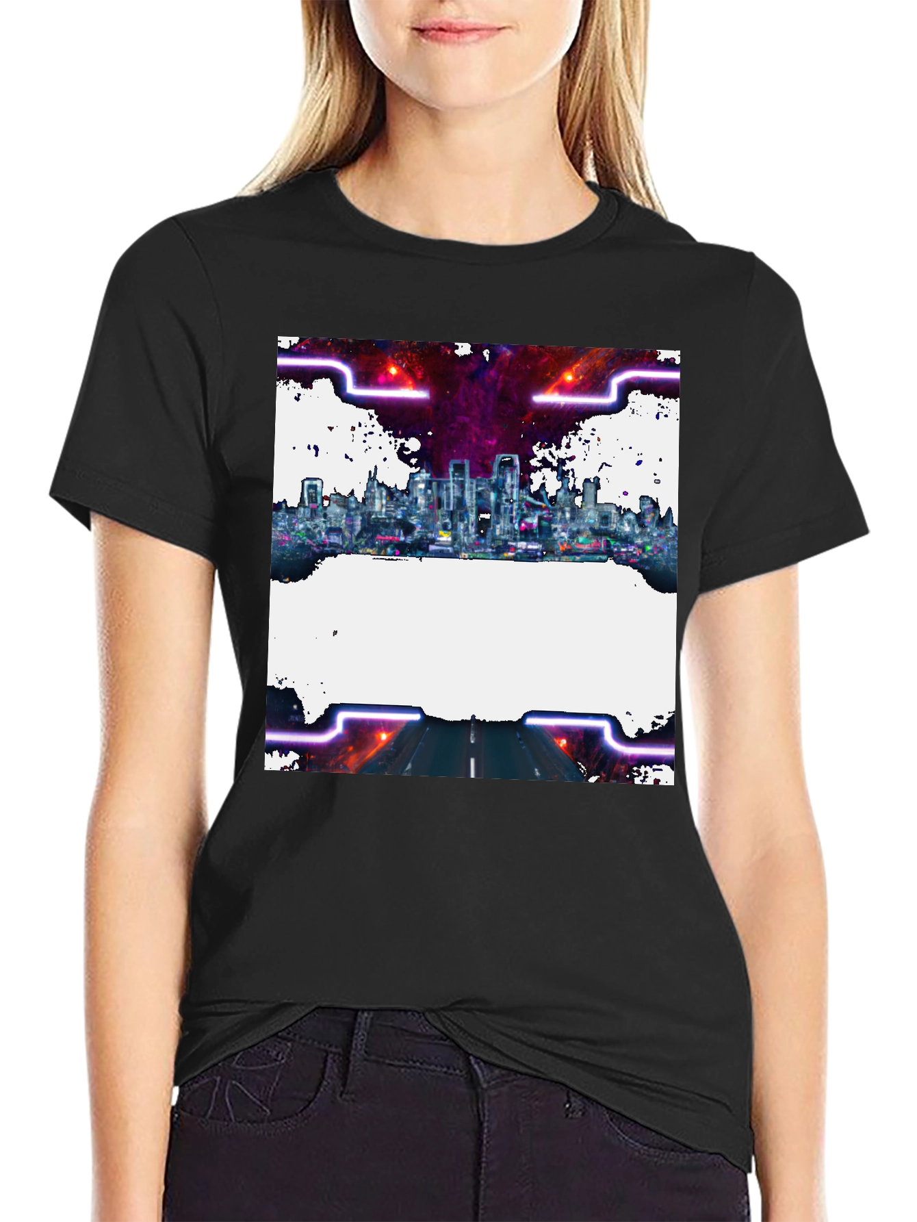 Black Cyberpunk Cityscape Graphic Tee - Black Crew Neck view 2
