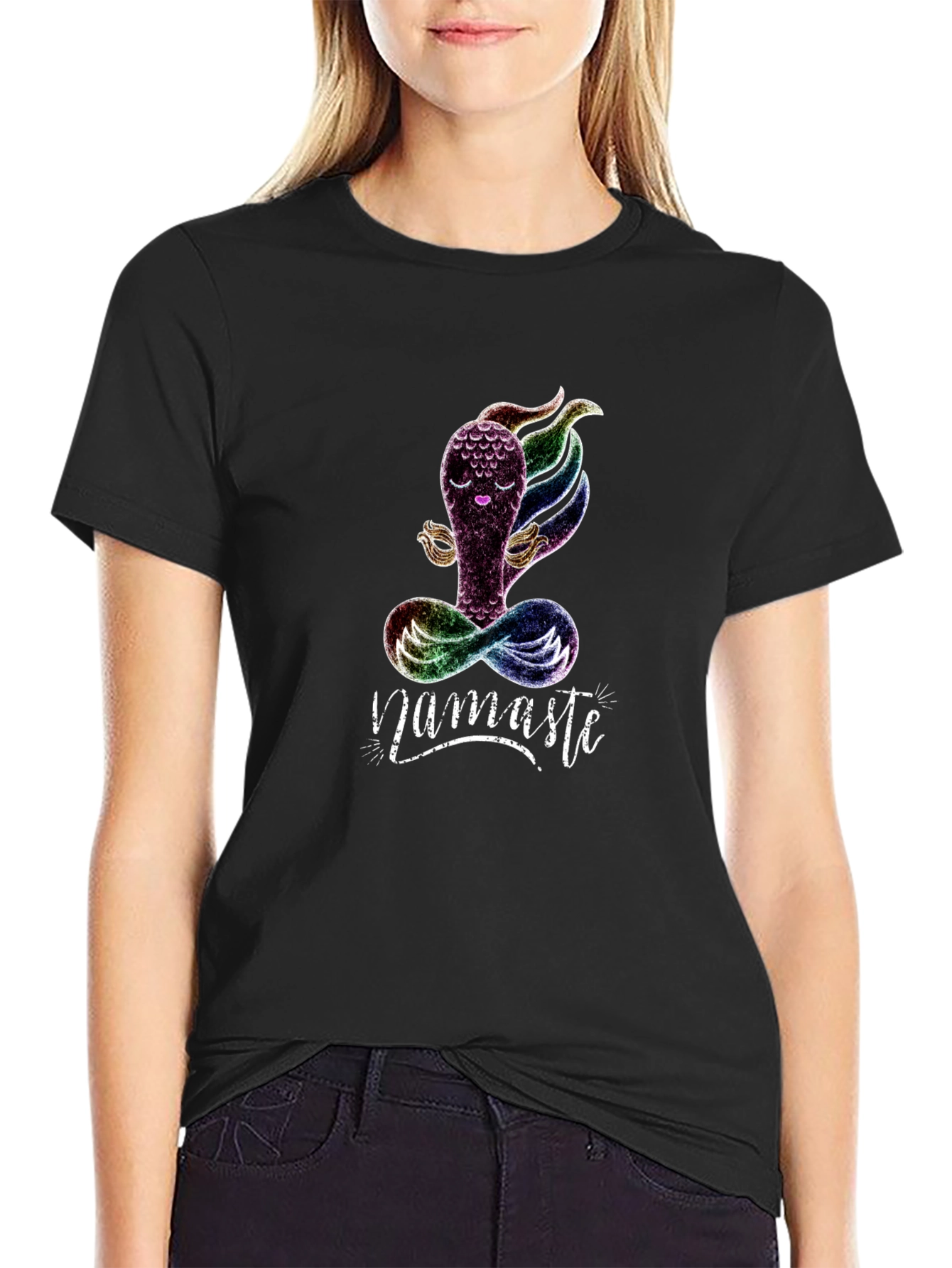 Black Namaste Yoga T-Shirt - Meditating Rainbow Creature view 2