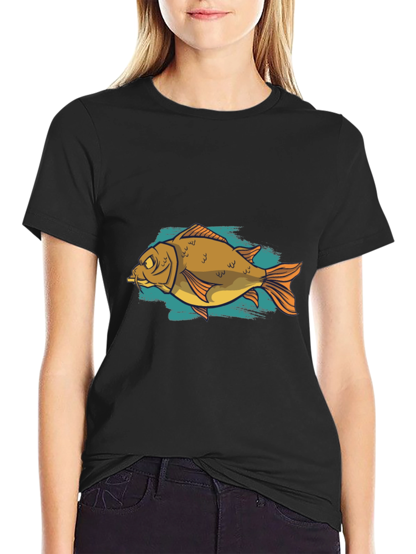 Black Funny Fish Graphic Black T-Shirt view 2