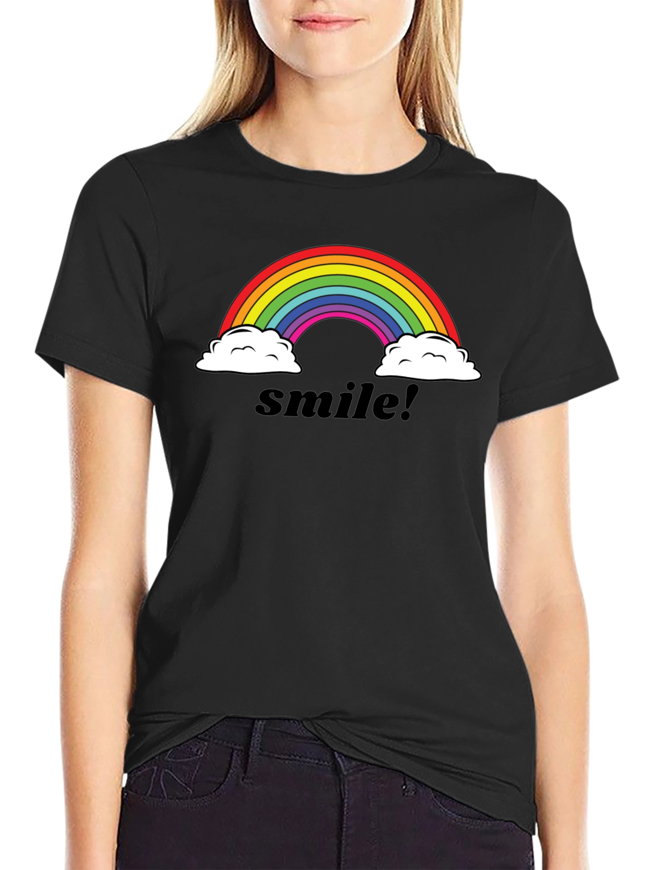 Black Smile Rainbow Graphic Tee -  Comfortable Black T-Shirt view 2