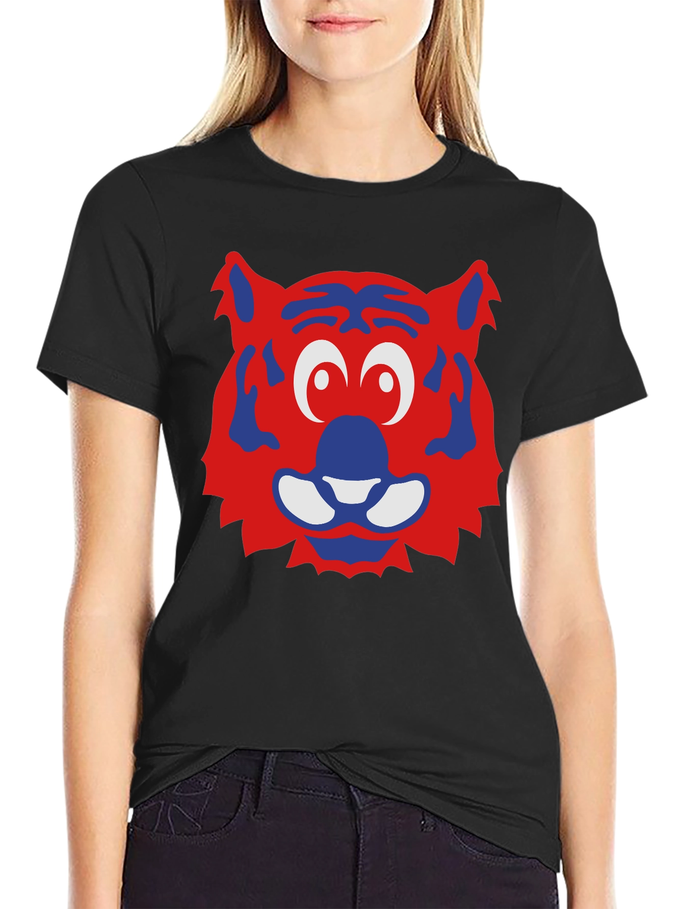 Black Fun Cartoon Tiger Face Graphic Tee - Black view 2