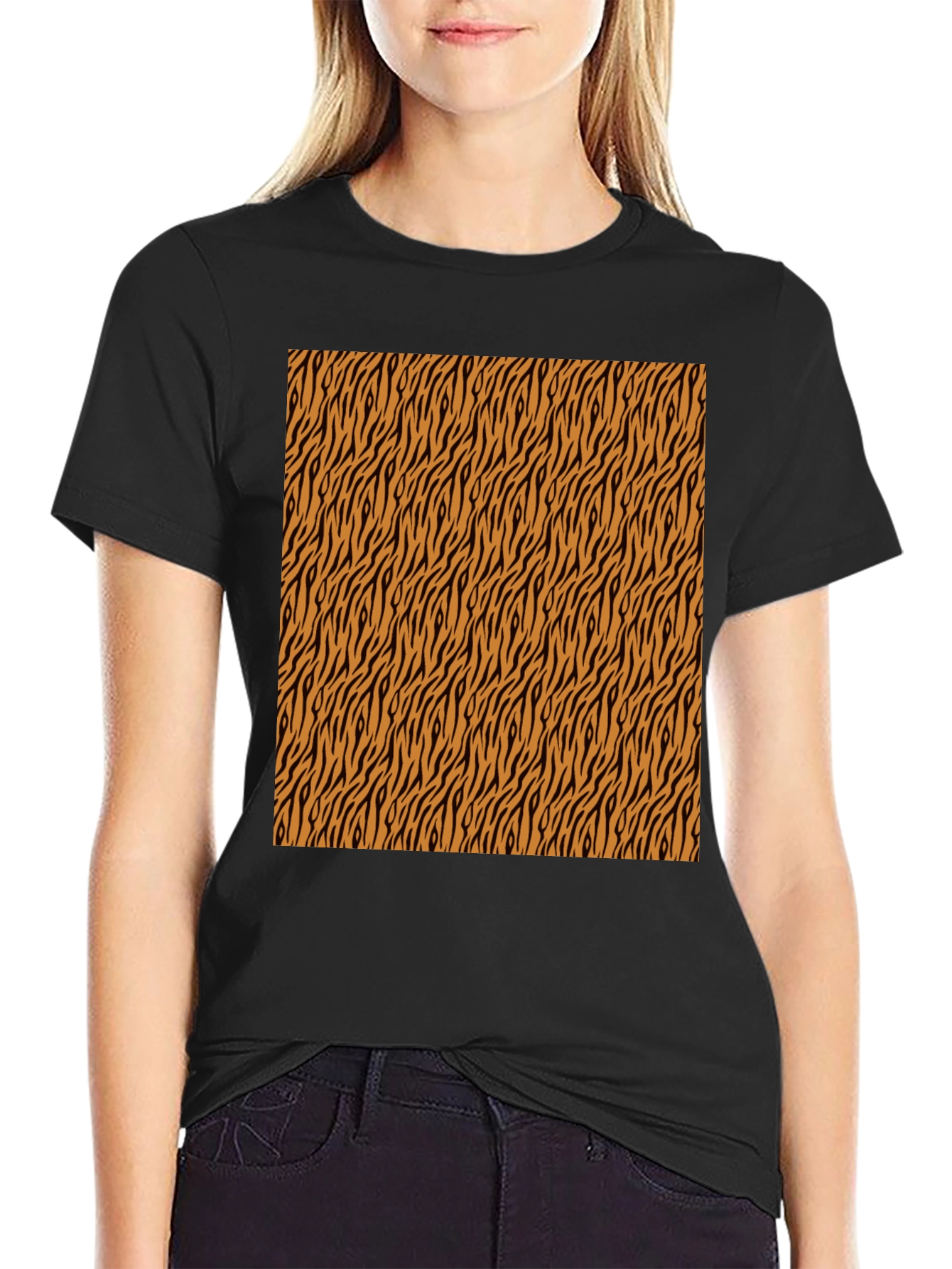 Black Tiger Stripe Pattern Black T-Shirt view 2