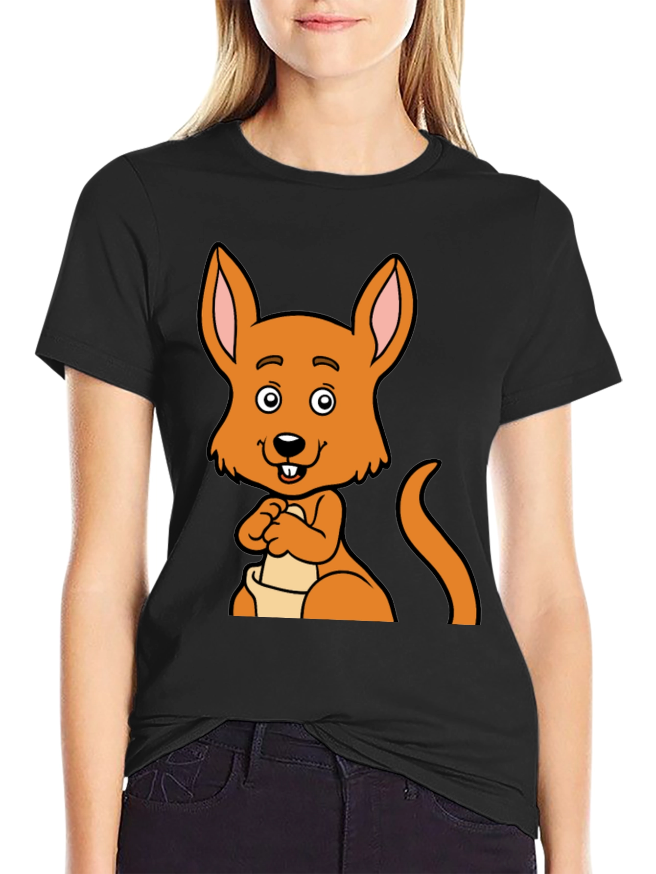 Black Cartoon Kangaroo Graphic Tee - Black Unisex T-Shirt view 2