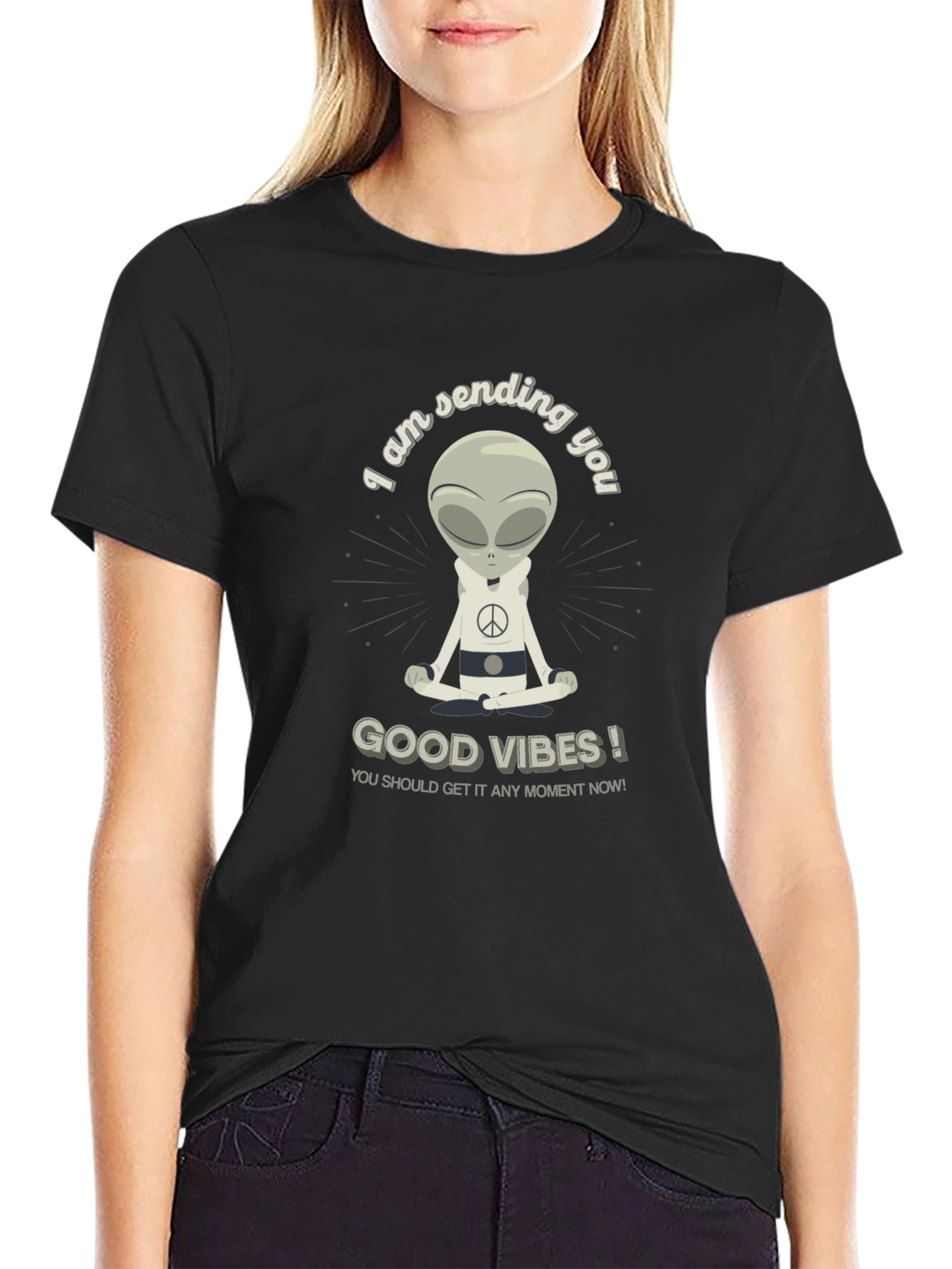 Black Alien Meditating Good Vibes Graphic T-Shirt view 2