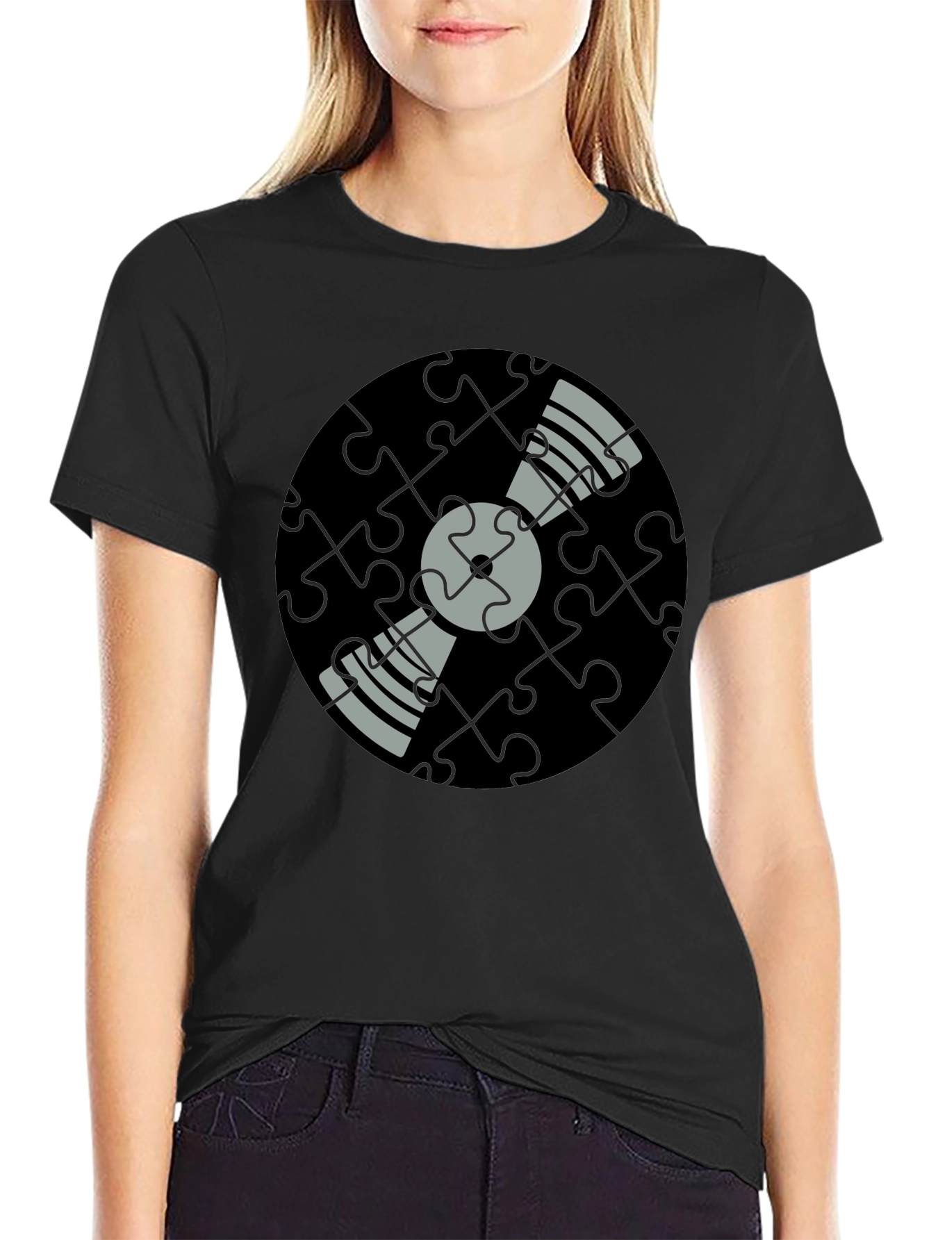Black Puzzle Piece Vinyl Record Graphic Tee - Black view 2
