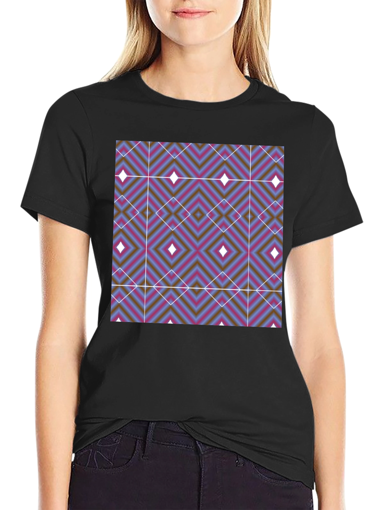 Black Geometric Diamond Print T-Shirt - Black view 2