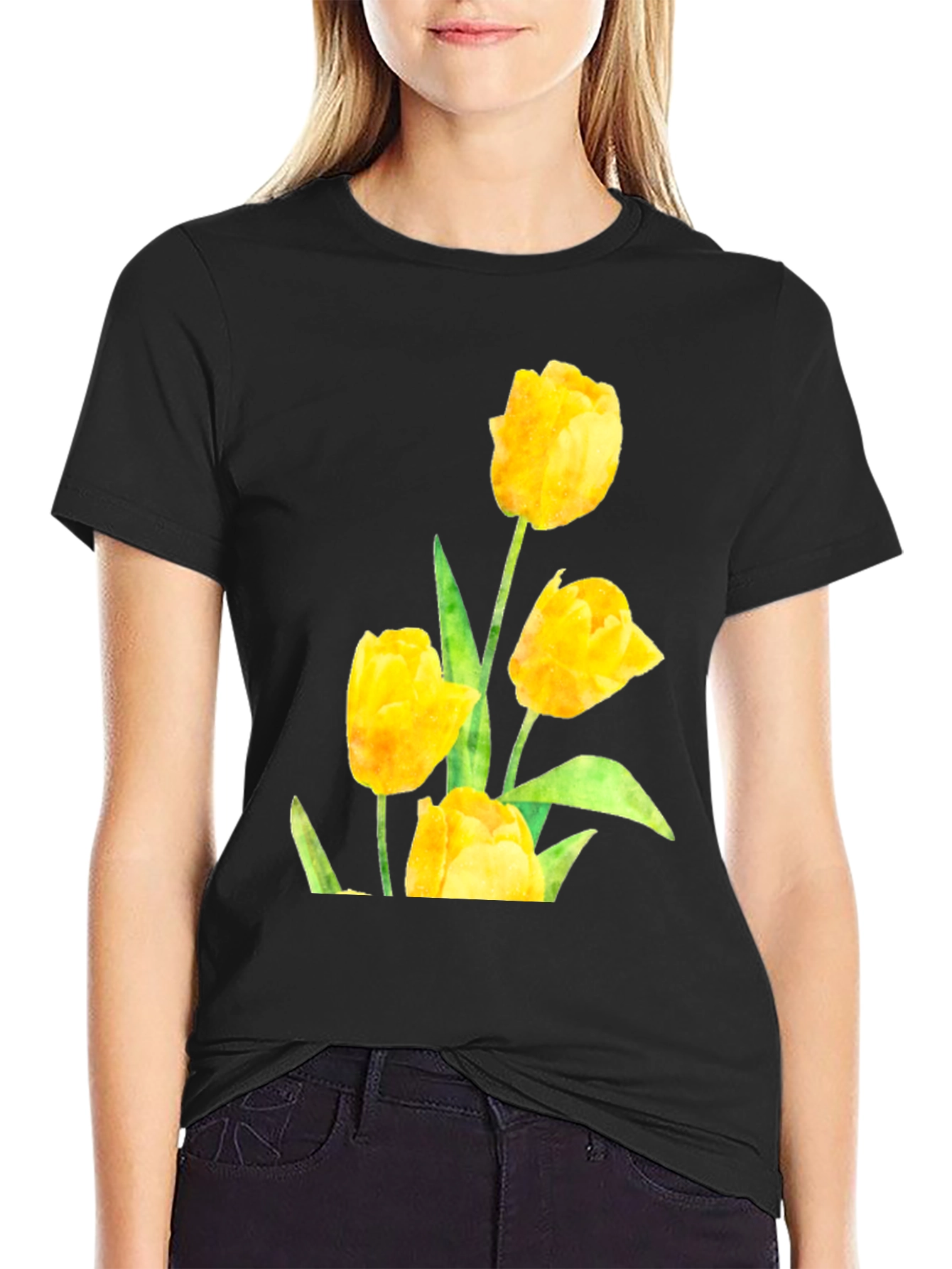 Black Men's Black T-Shirt with Yellow Tulip Floral Design view 2