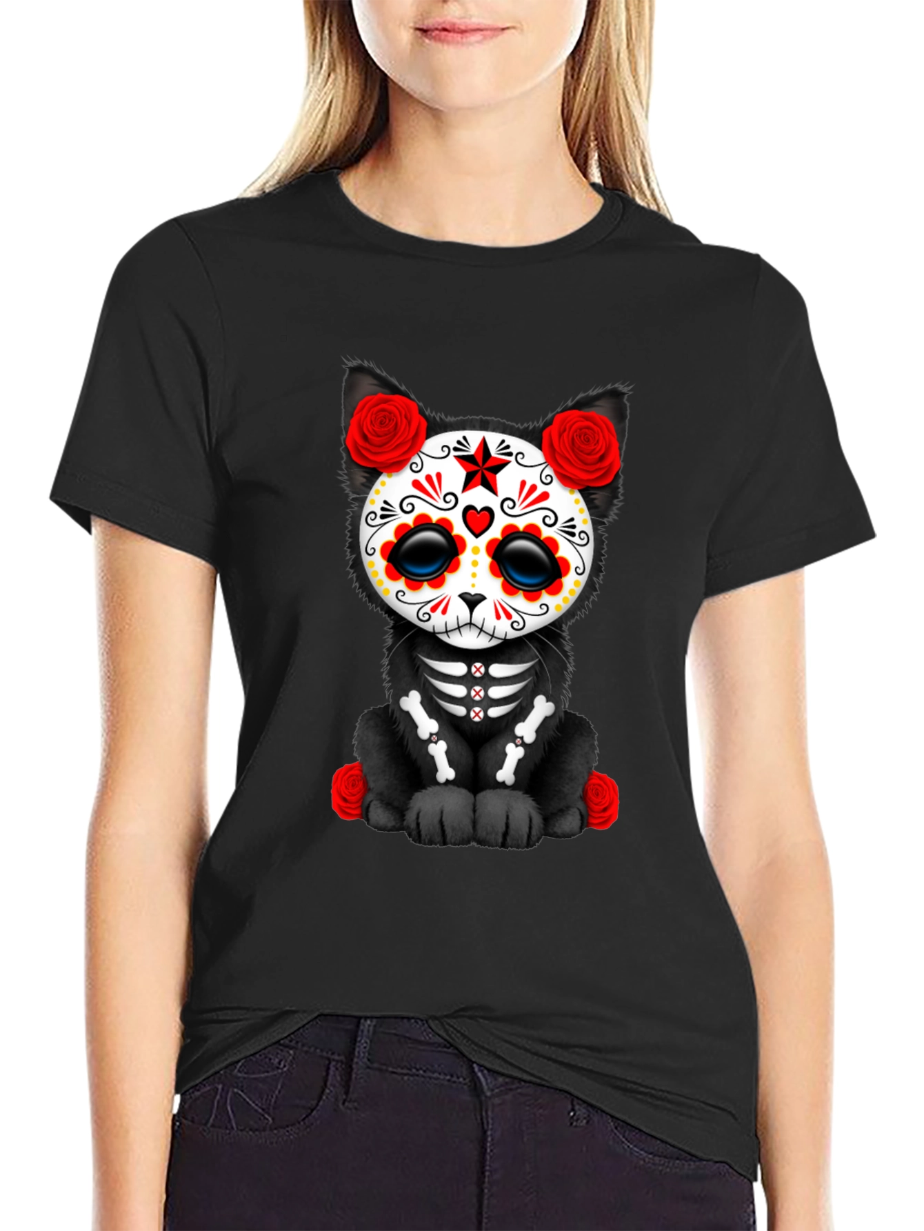 Black Sugar Skull Cat T-Shirt view 2