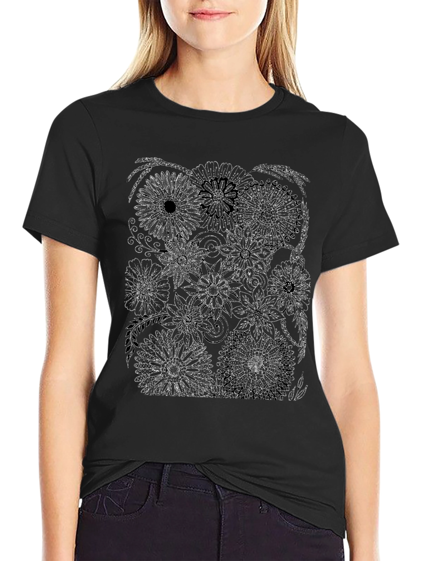 Black Floral Print Black Crew Neck T-Shirt view 2
