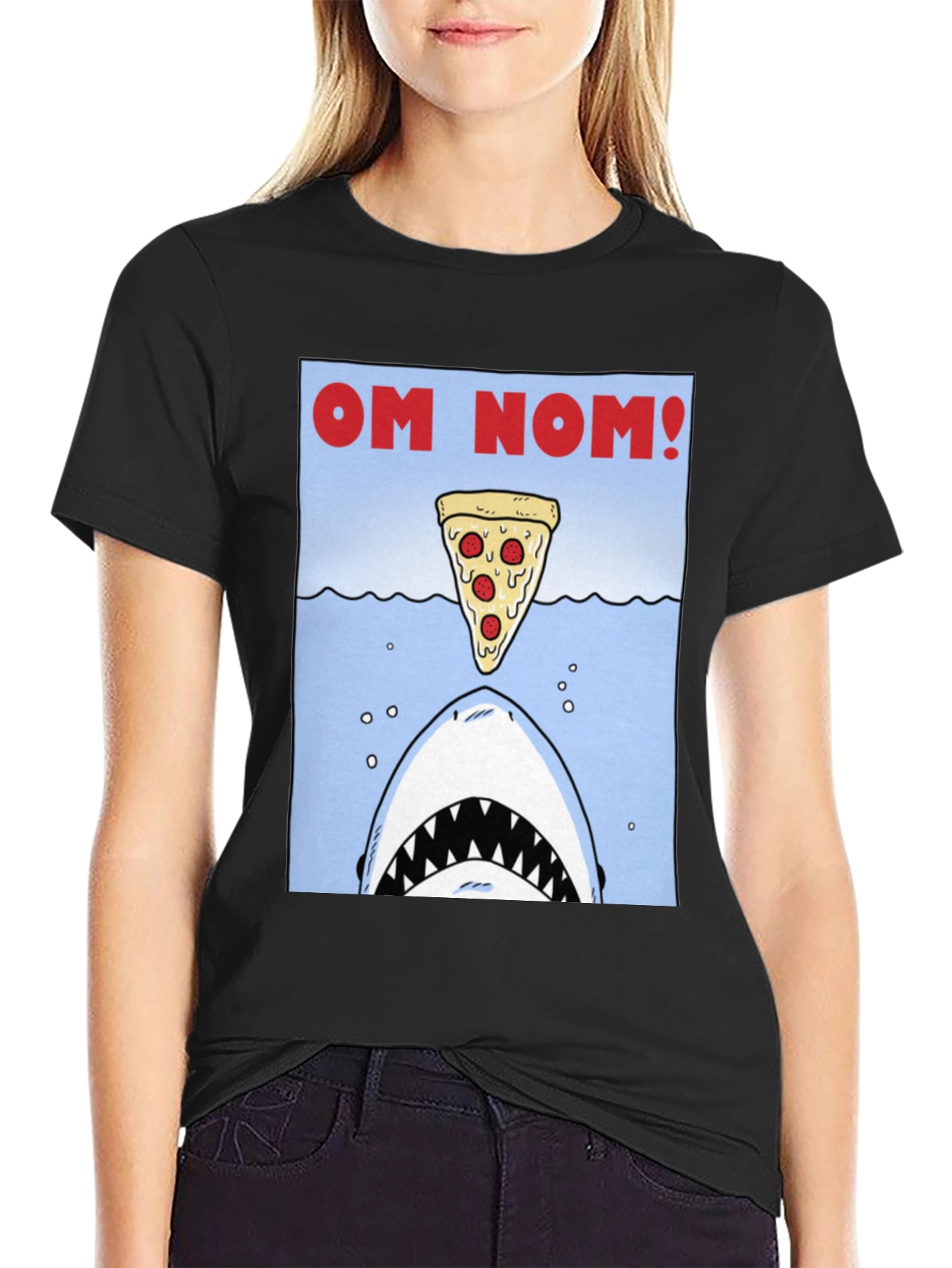 Black Om Nom Pizza Shark T-Shirt - Funny Foodie Tee view 2