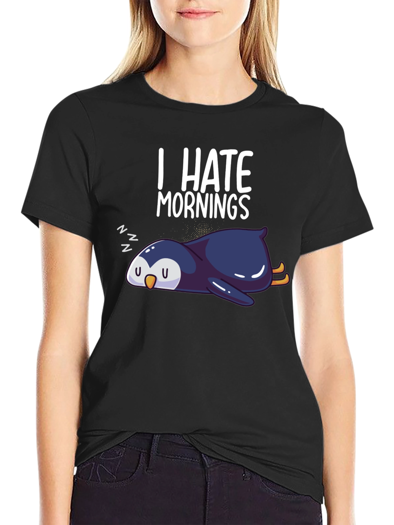Black I Hate Mornings Penguin Graphic Tee - Black view 2