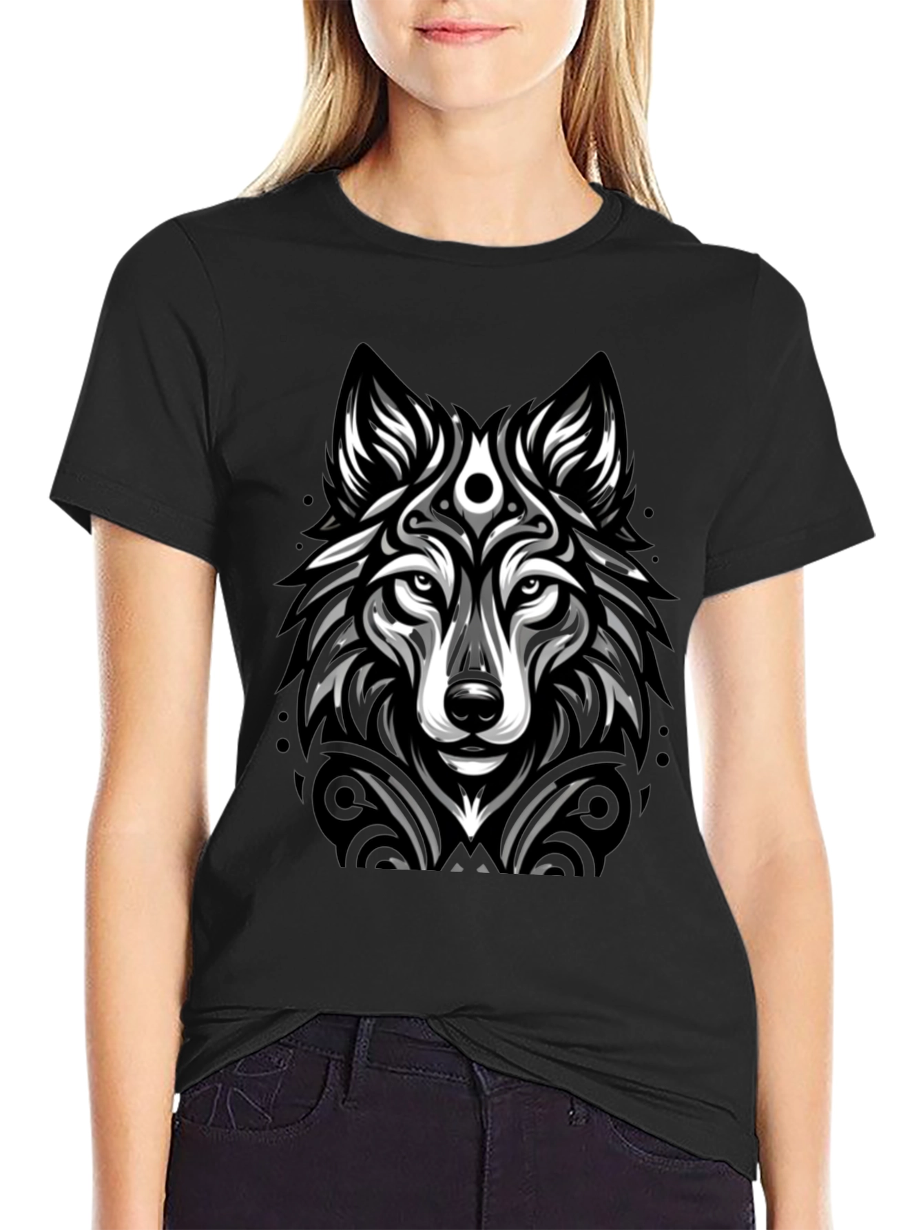 Black Wolf Graphic Print Black T-Shirt view 2