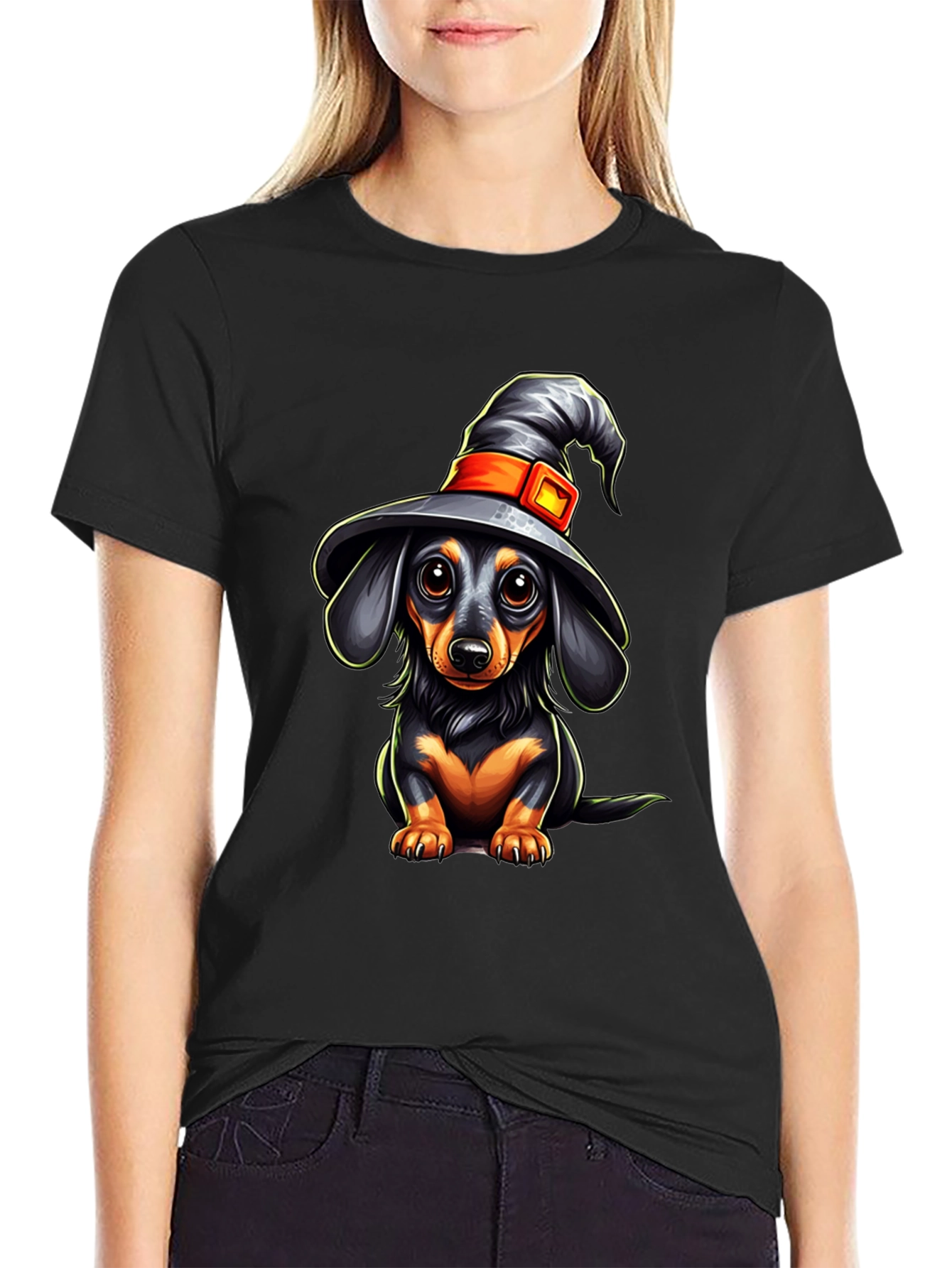Black Witch Dachshund T-Shirt - Halloween Dog Tee view 2