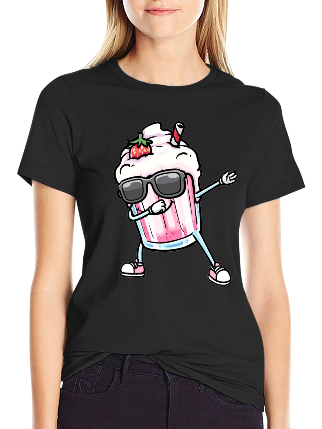 Black Cool Strawberry Milkshake Dabbing Graphic Tee view 2