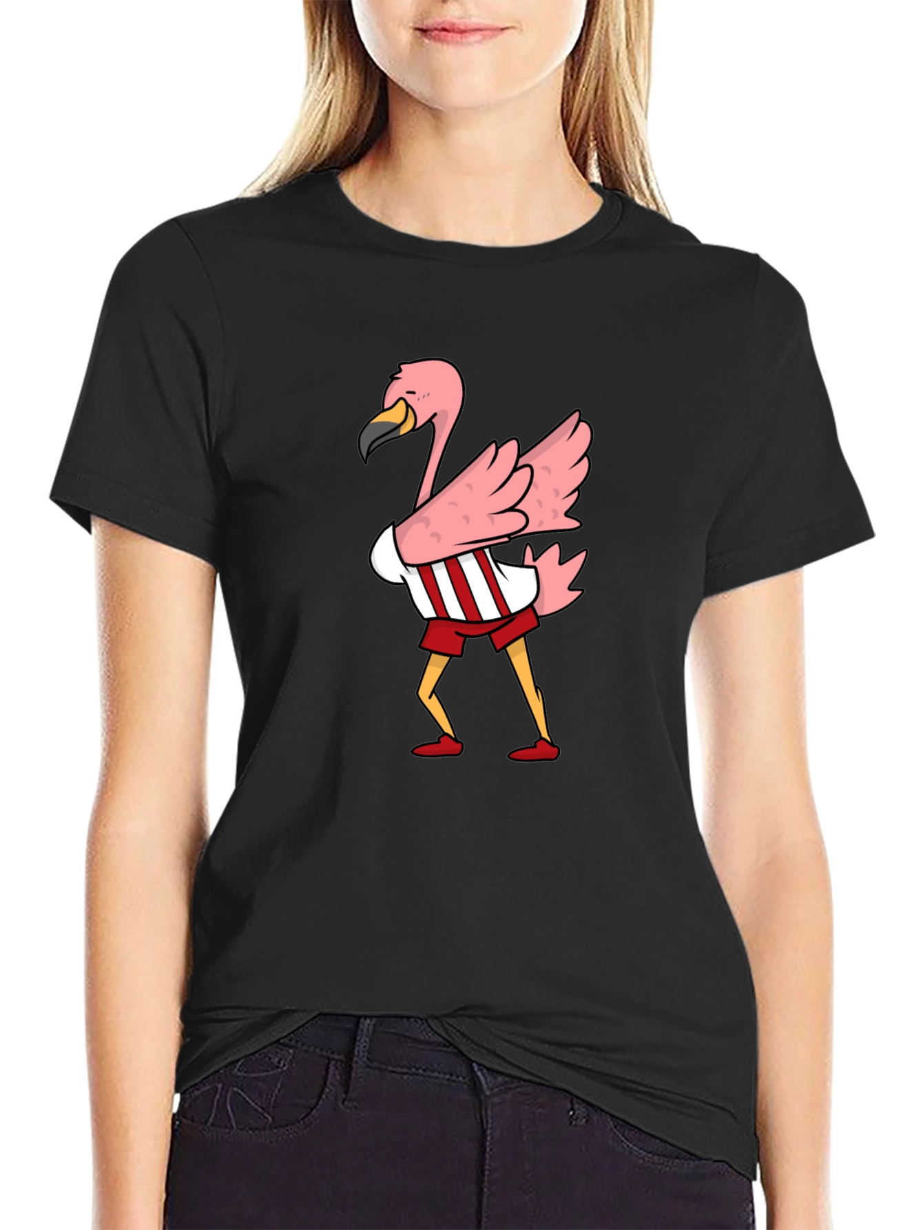 Black Flamingo Cartoon Graphic T-Shirt view 2