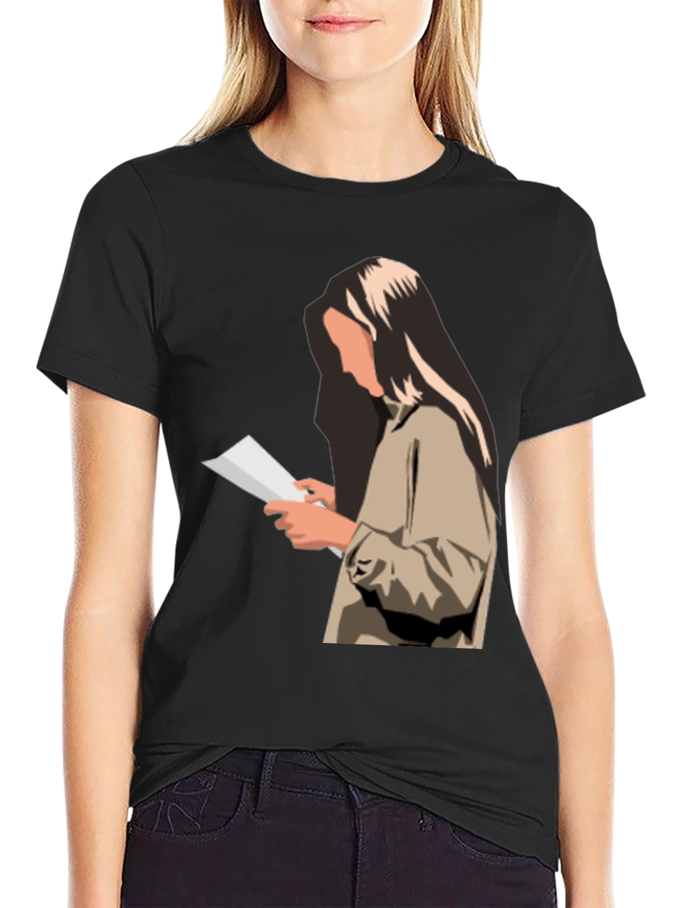 Black Stylish Graphic Print T-Shirt - Reading Woman Design view 2