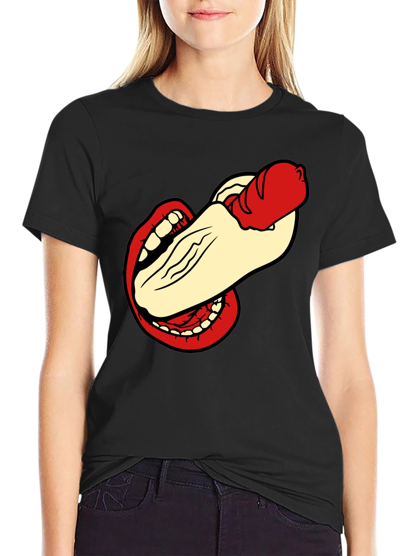 Black Humorous Hot Dog Bite Black T-Shirt view 2