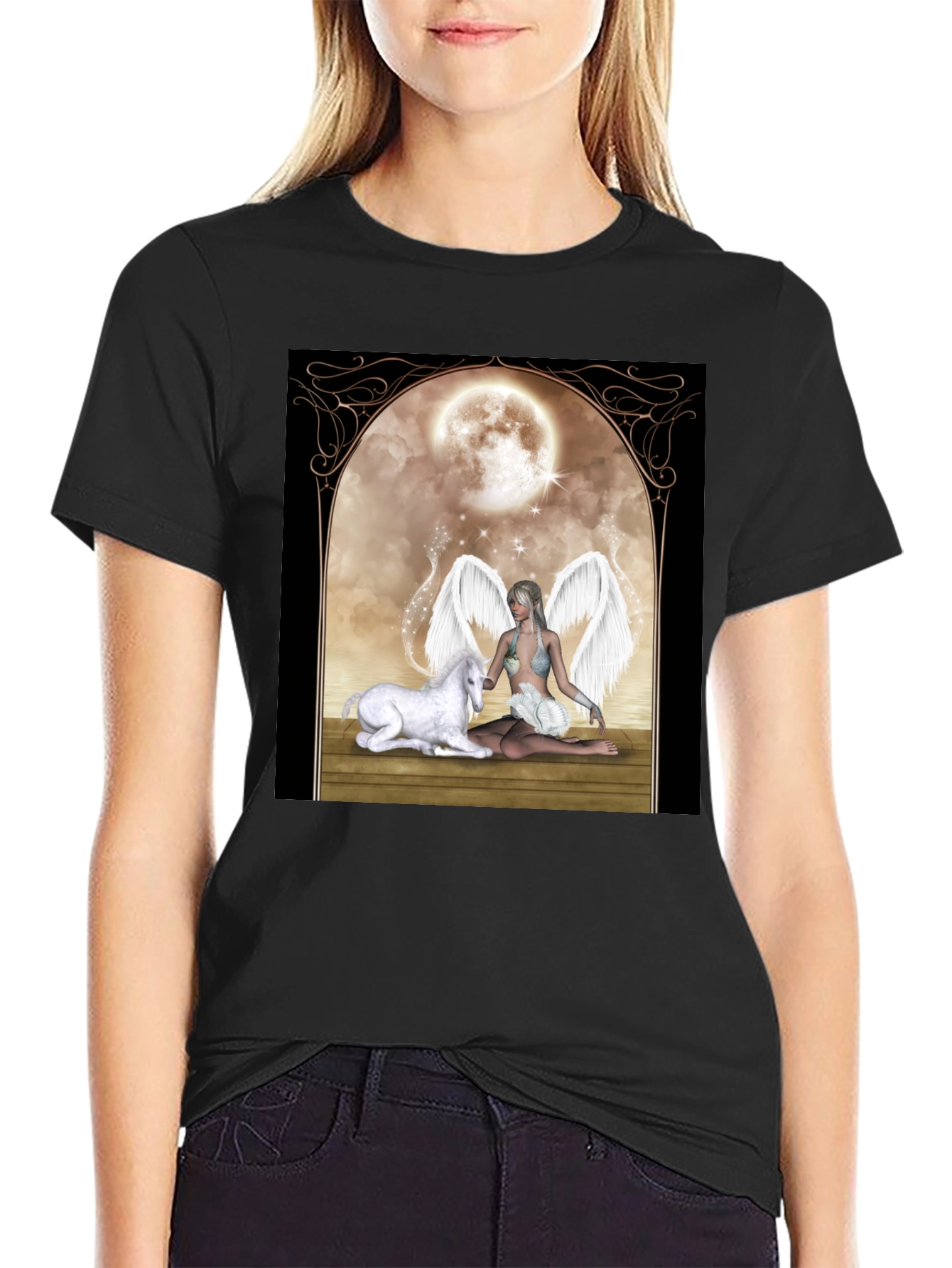 Black Fantasy Angel & Unicorn T-Shirt view 2