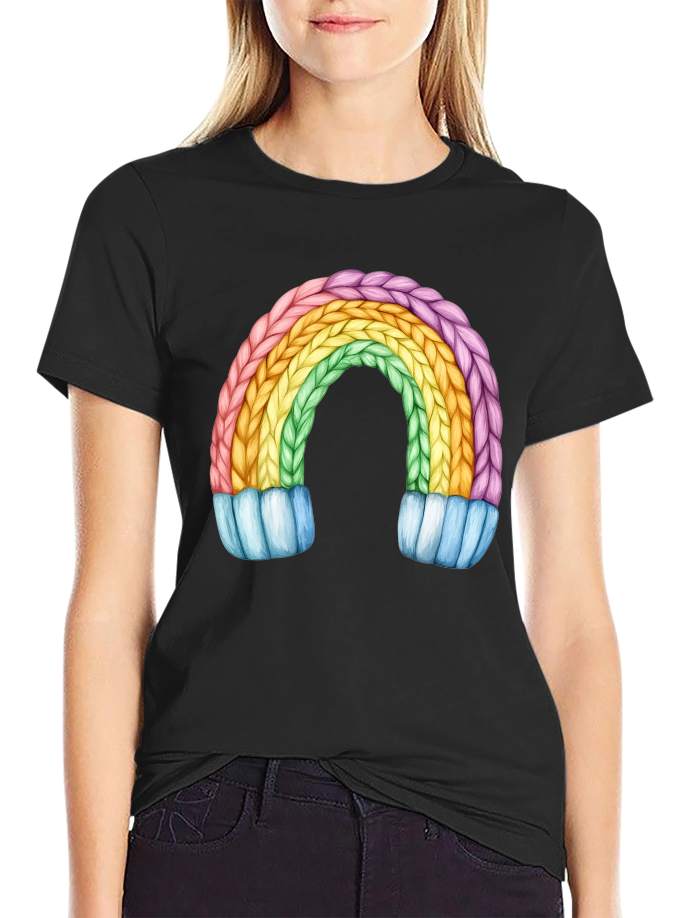 Black Rainbow Knit Design Black T-Shirt view 2