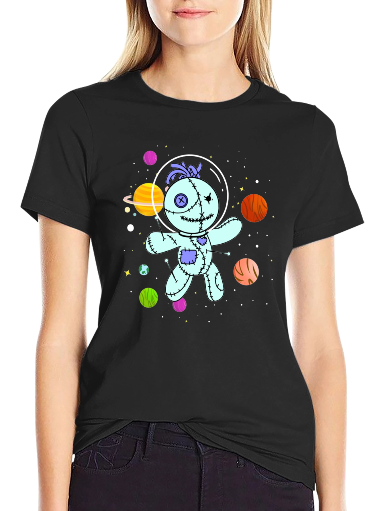 Black Astronaut Voodoo Doll T-Shirt - Unisex Black Tee view 2