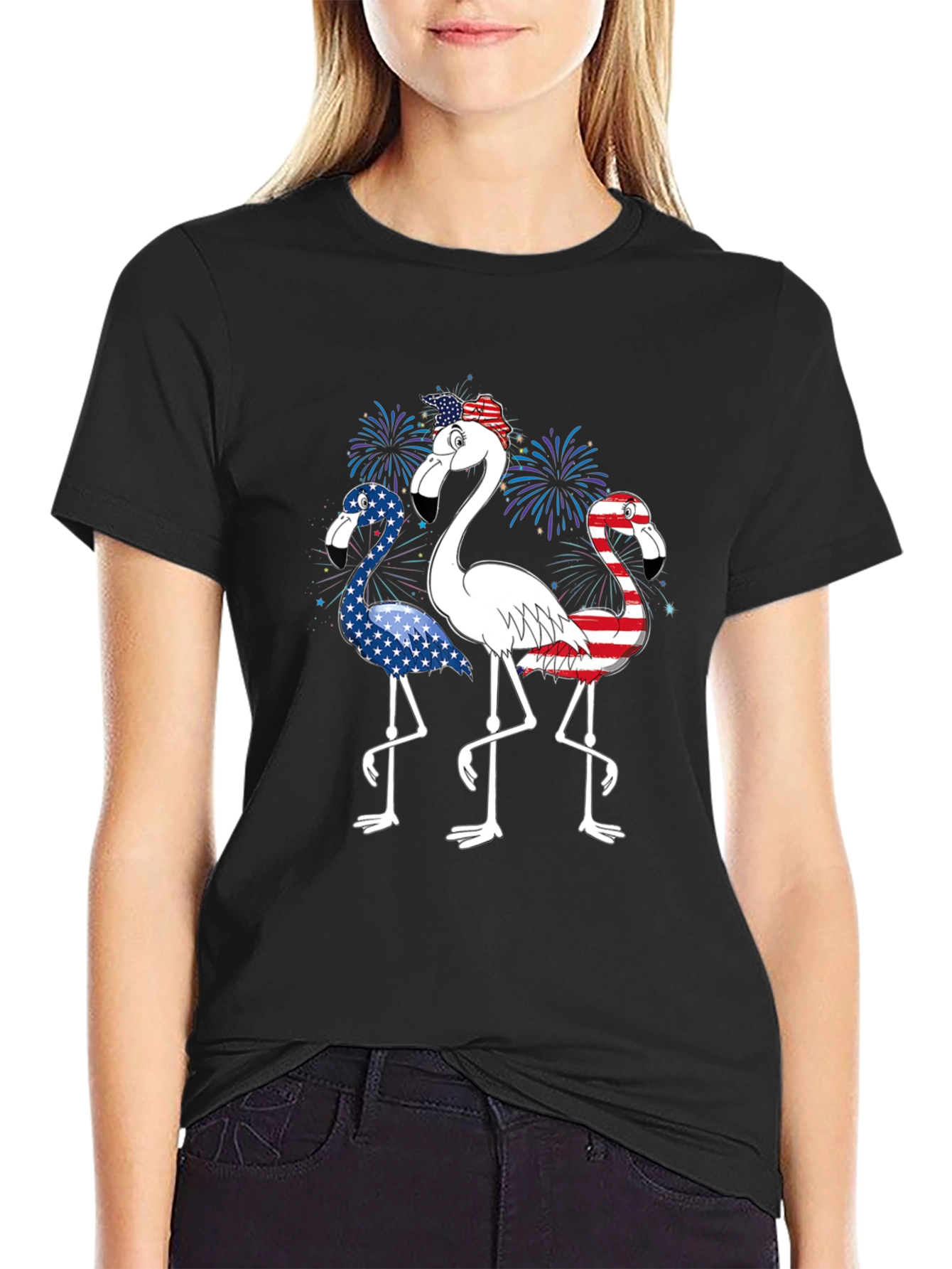 Black Patriotic Flamingo Graphic Tee - USA Flag Design view 2