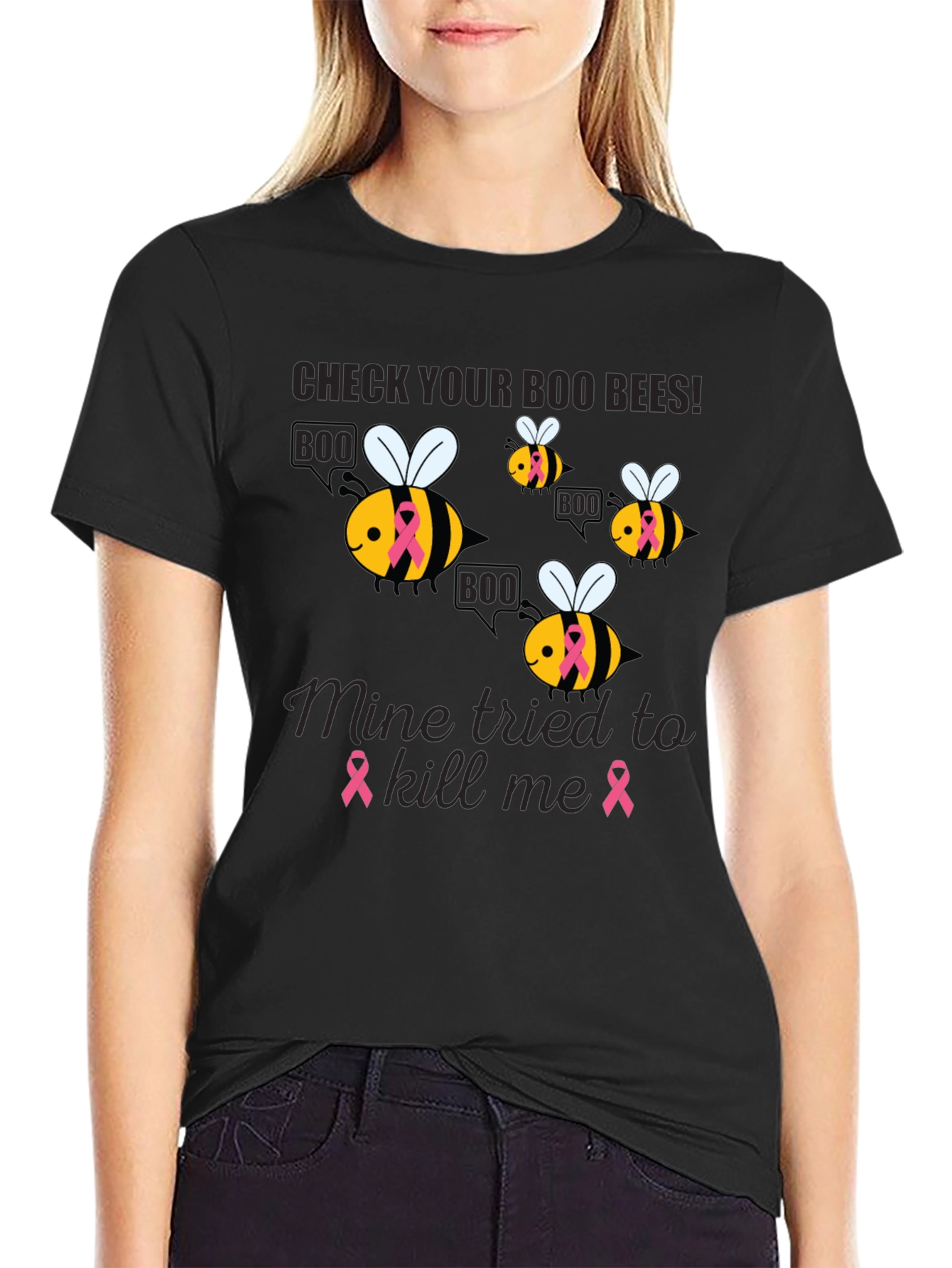 Black Boo Bees Breast Cancer Awareness T-Shirt view 2