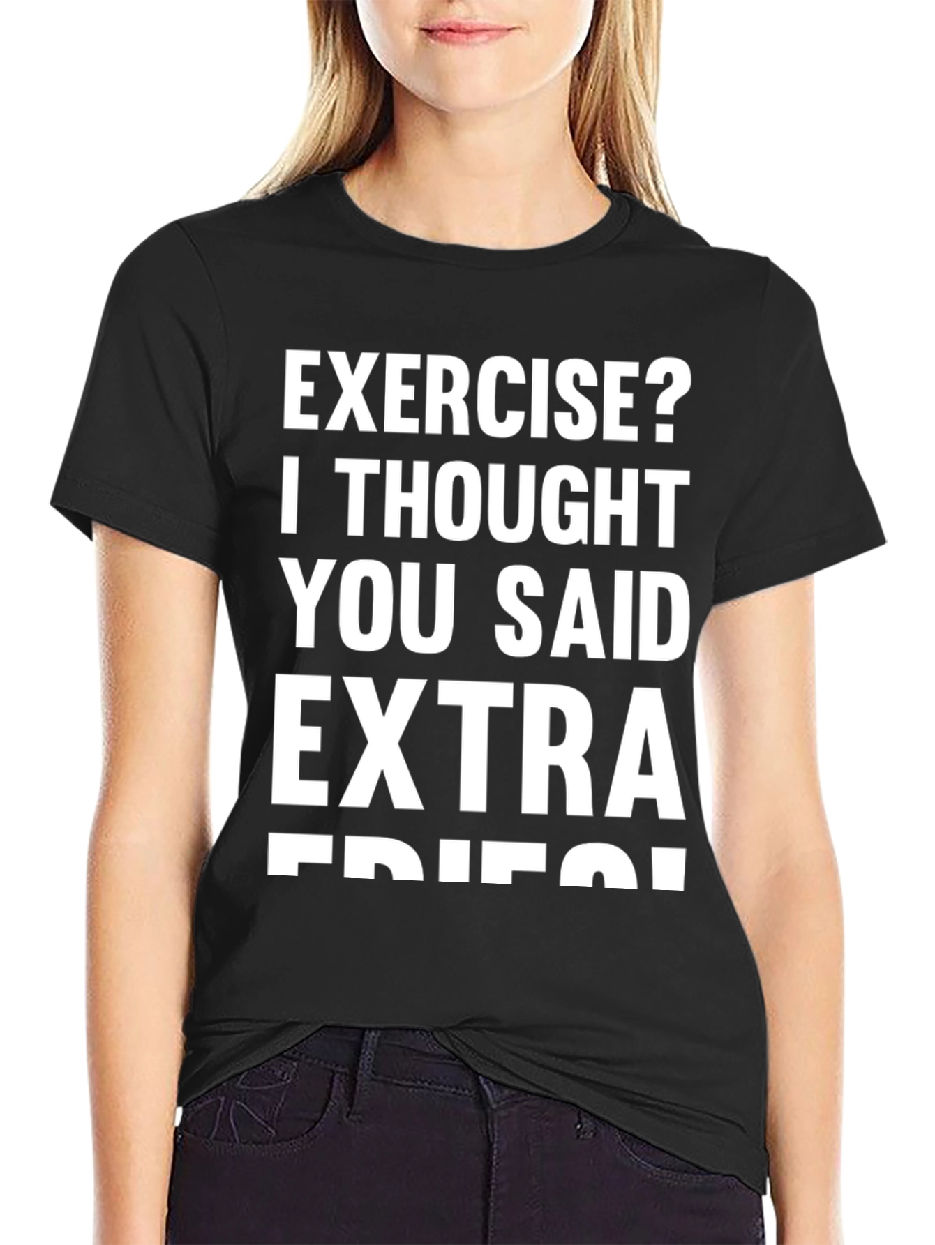 Black Funny Exercise Extra Fries T-Shirt - Black view 2