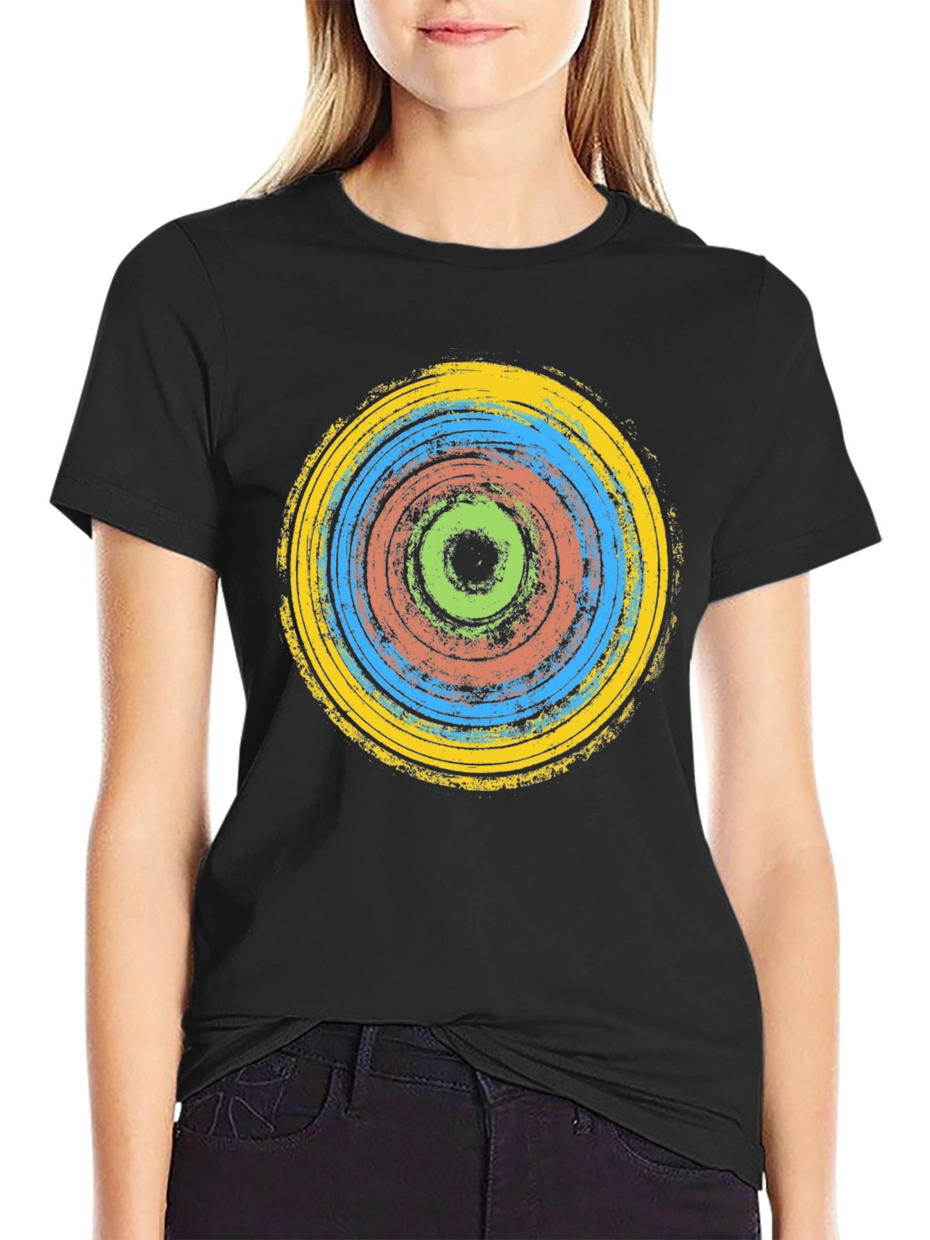 Black Abstract Rings Graphic Tee - Black Cotton T-Shirt view 2