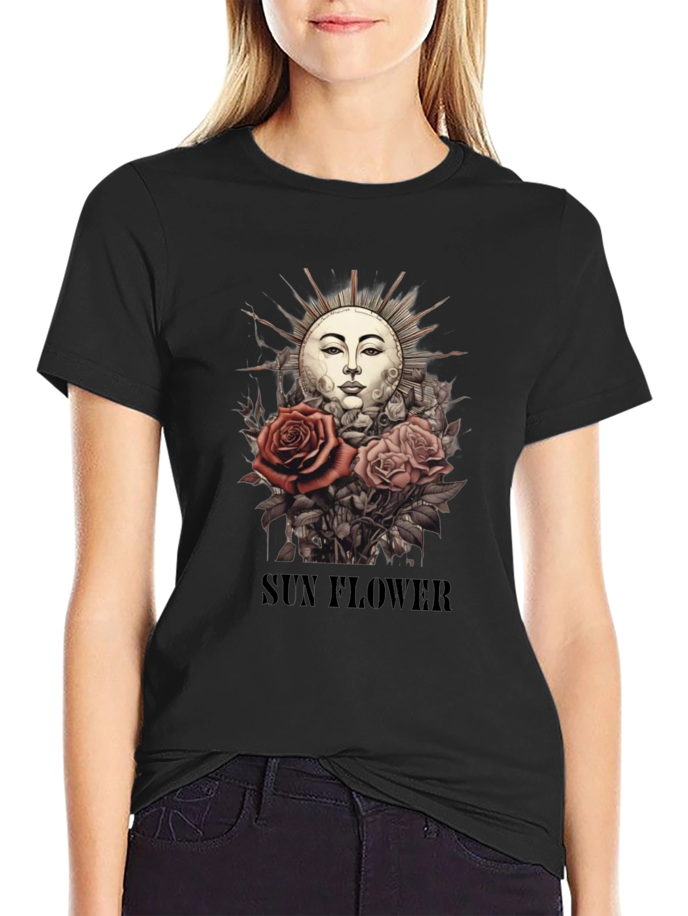 Black Sun Flower Graphic T-Shirt - Unique Design view 2