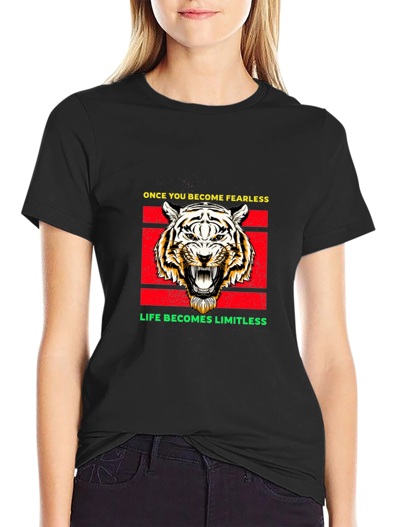 Black Fearless Tiger Graphic Tee - Black Cotton Blend view 2