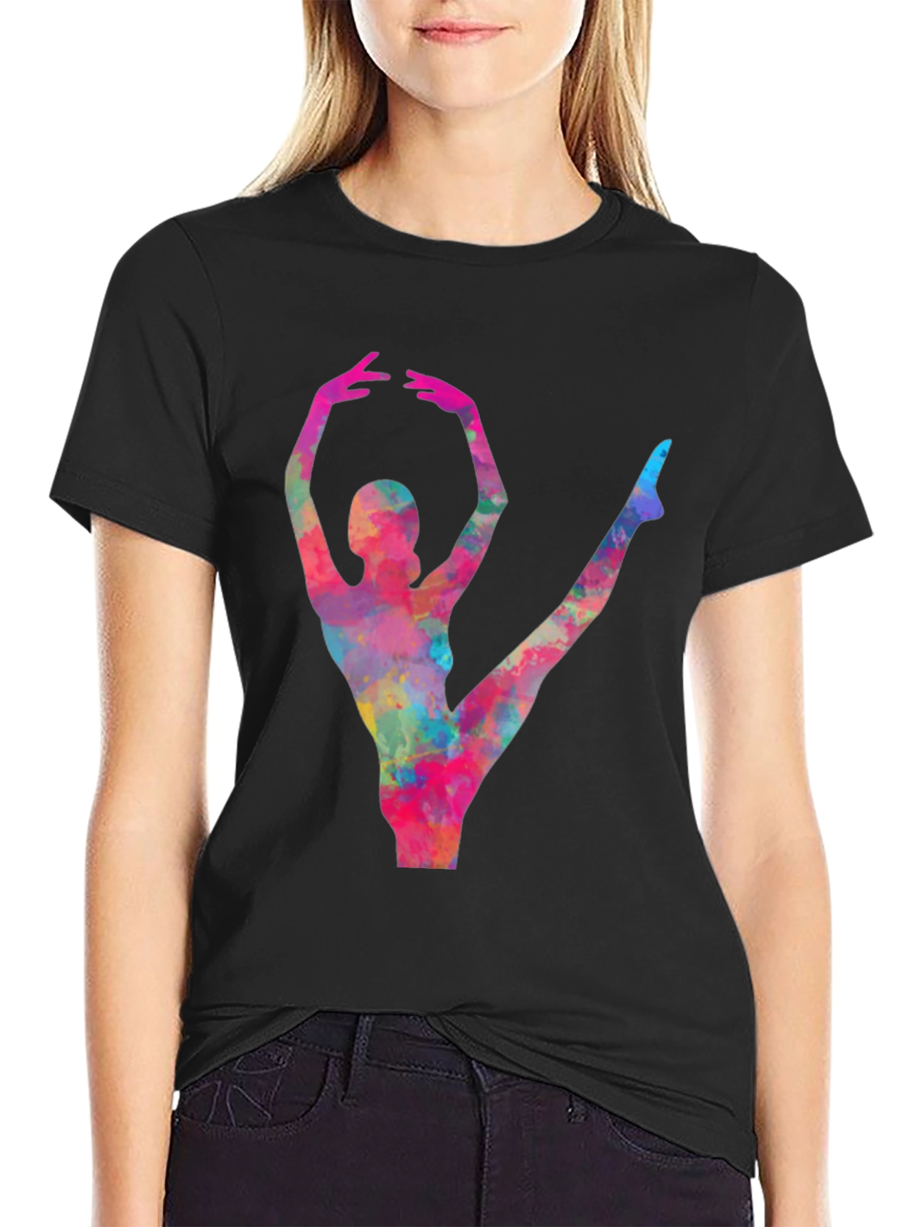 Black Watercolor Ballerina Black T-Shirt view 2