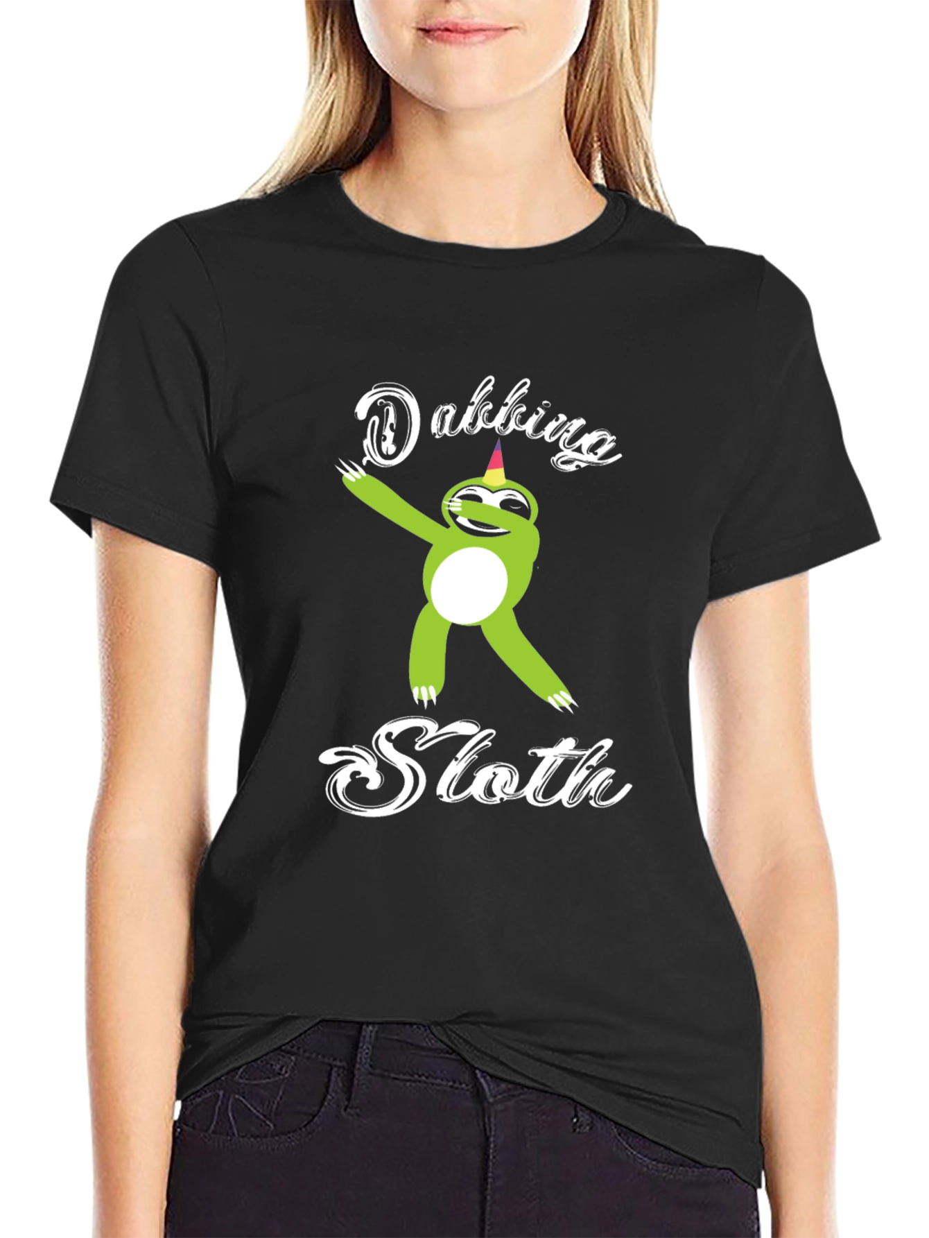Black Dabbing Sloth Black T-Shirt view 2