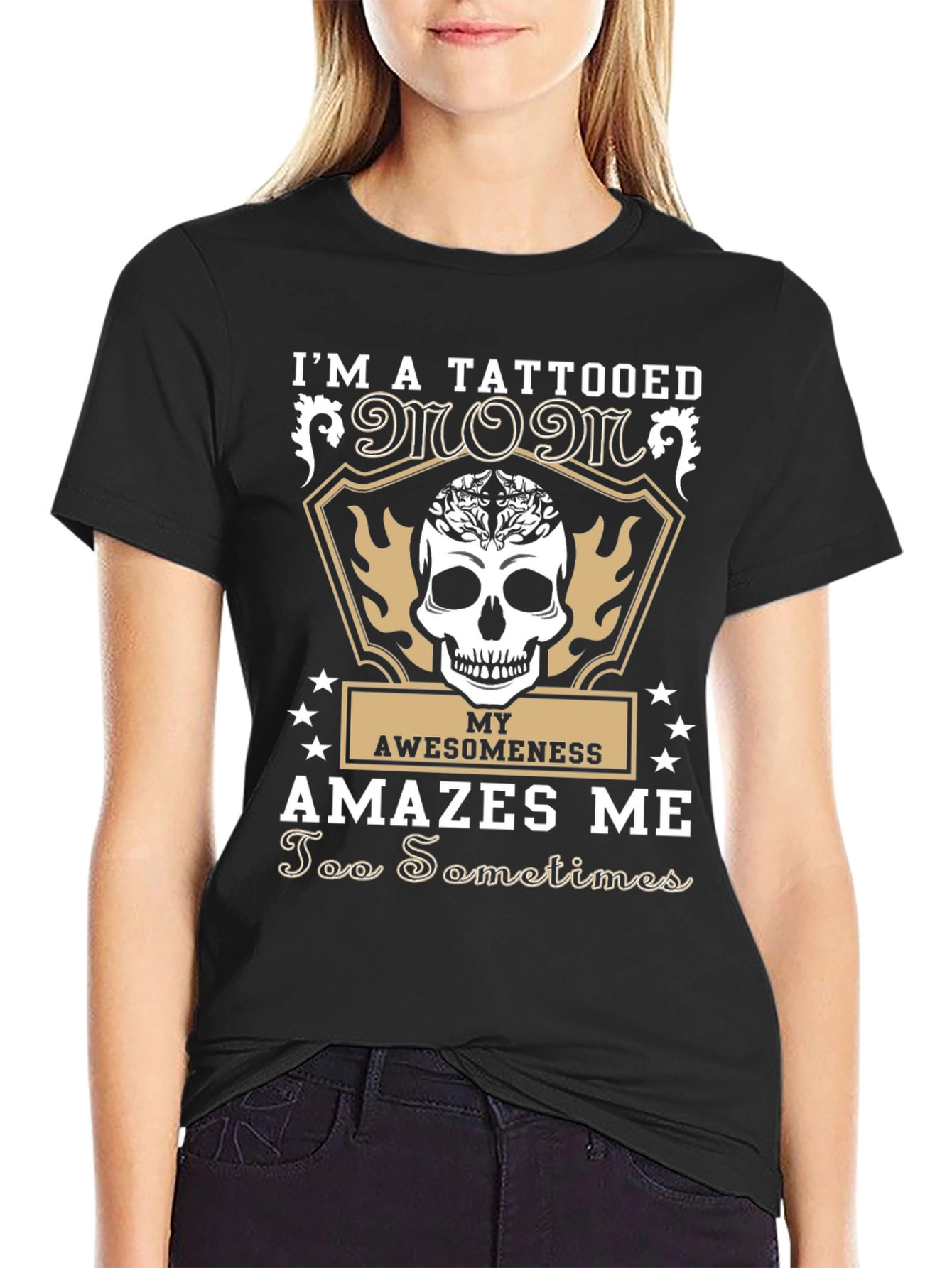 Black Tattooed Mom Graphic Tee - Skull & Awesomeness Design view 2