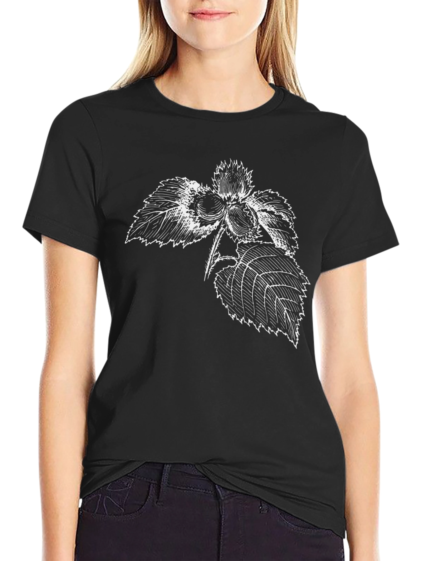 Black Botanical Print Tee - Stylish Black T-Shirt view 2