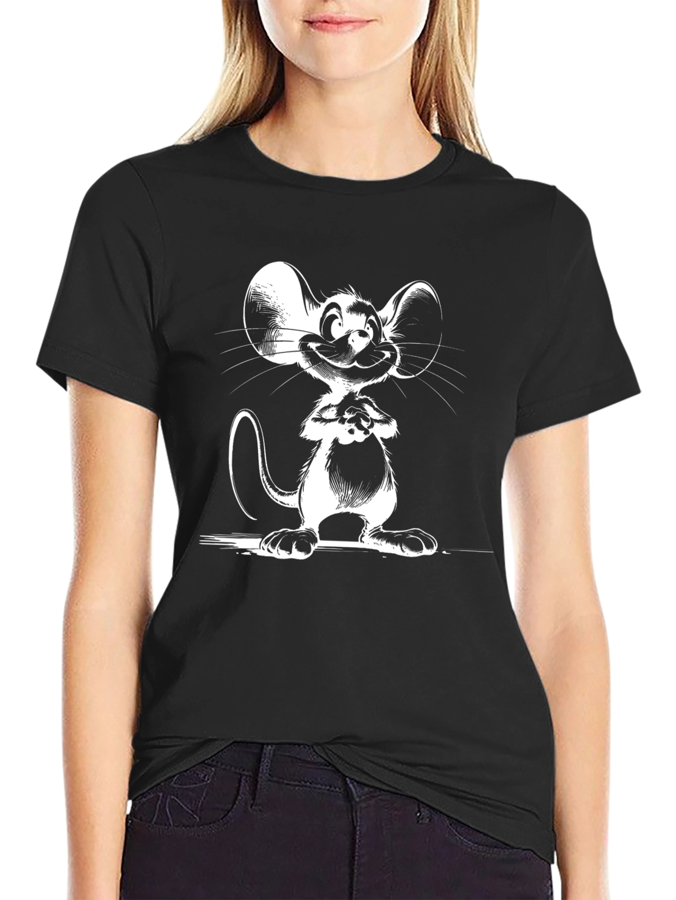 Black Cartoon Mouse Graphic Black T-Shirt view 2