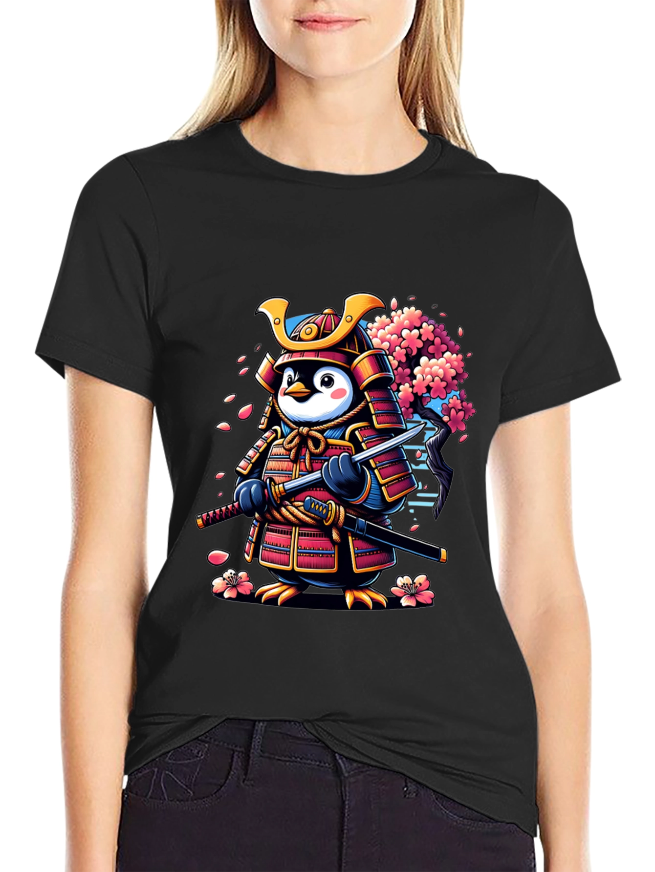 Black Samurai Penguin Graphic Tee - Unique Cartoon Style view 2