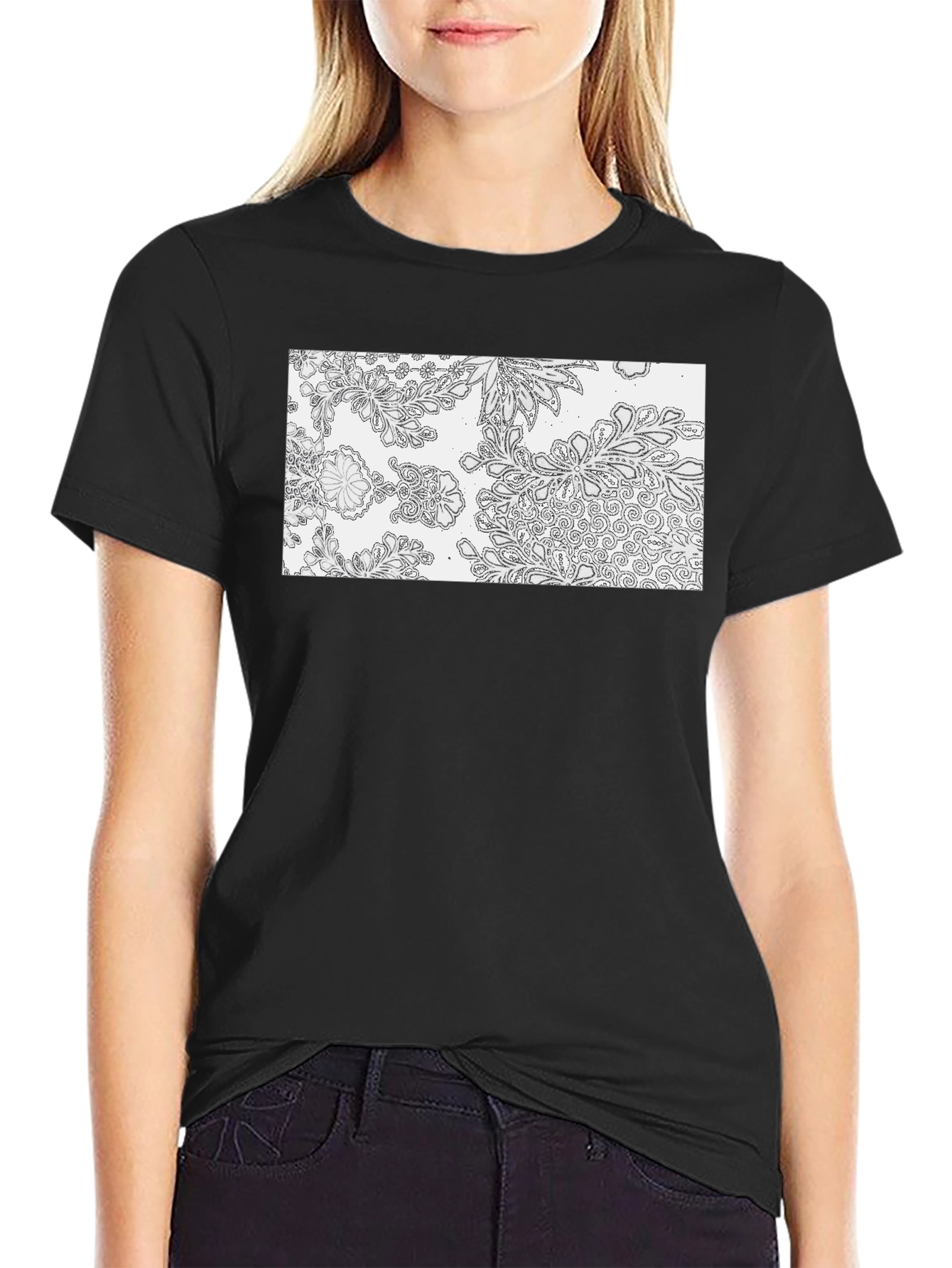 Black Floral Pattern Black Cotton Tee view 2