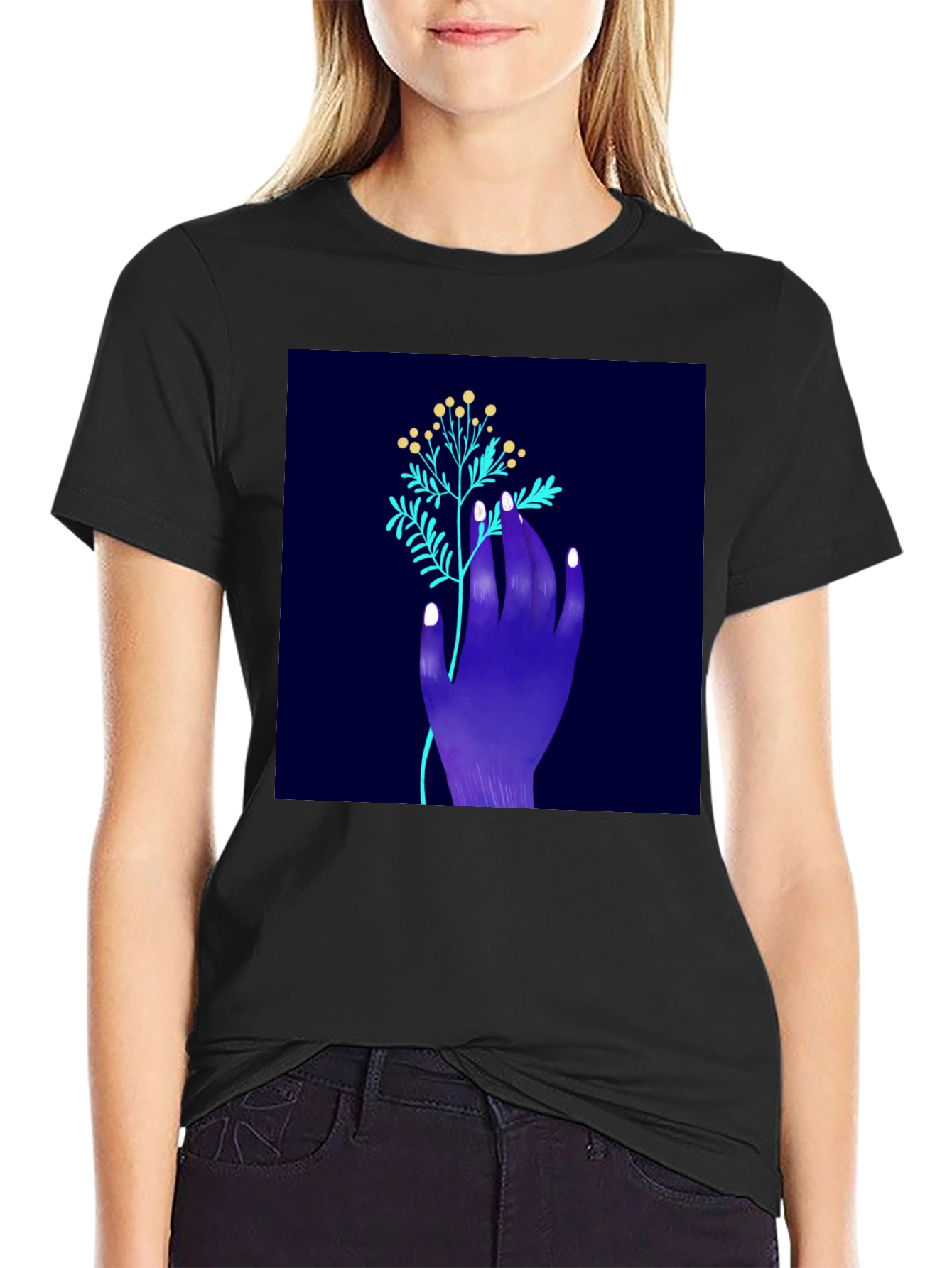 Black Botanical Hand Graphic Tee - Modern Art Shirt view 2