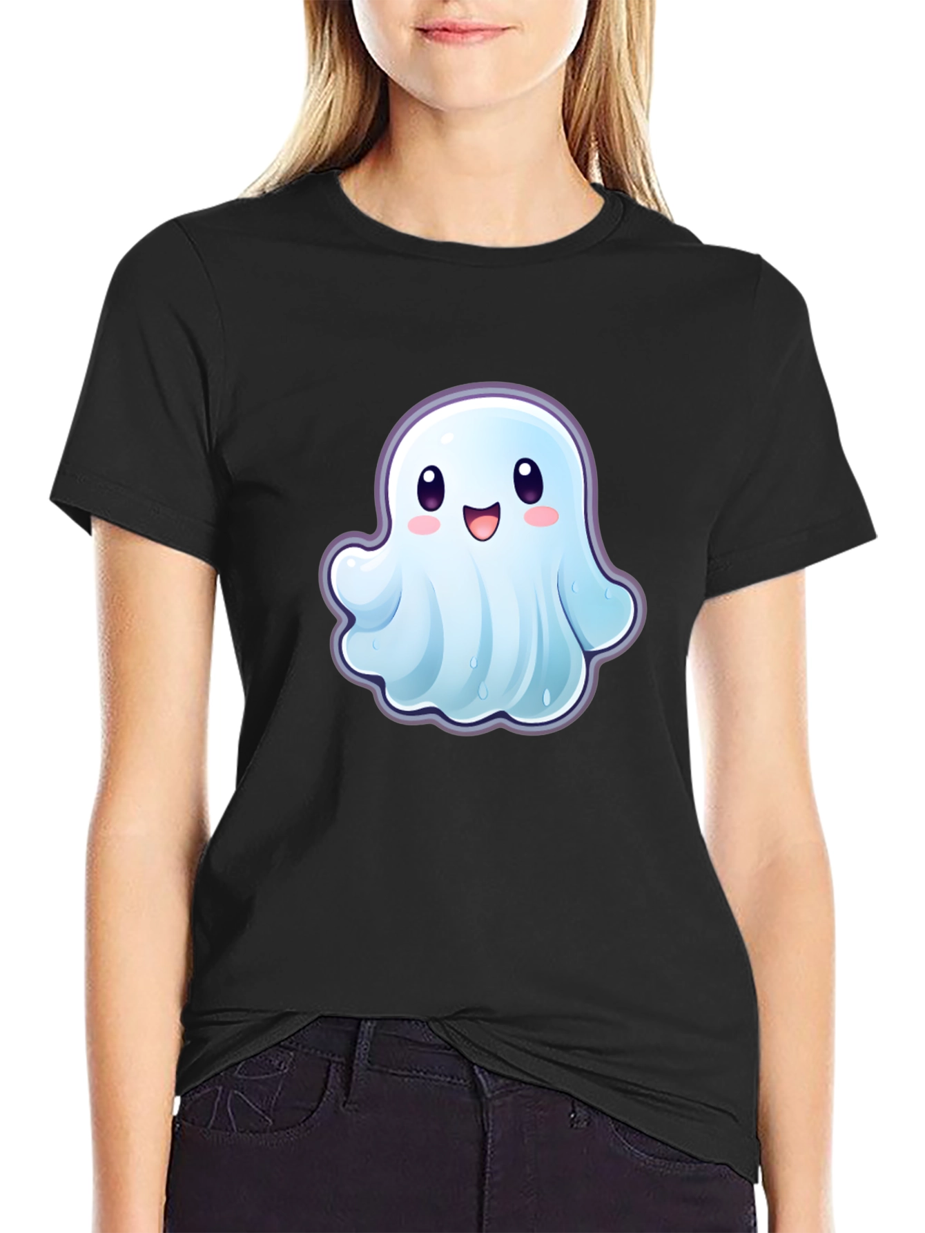 Black Cute Ghost Graphic T-Shirt - Black Cotton Tee view 2