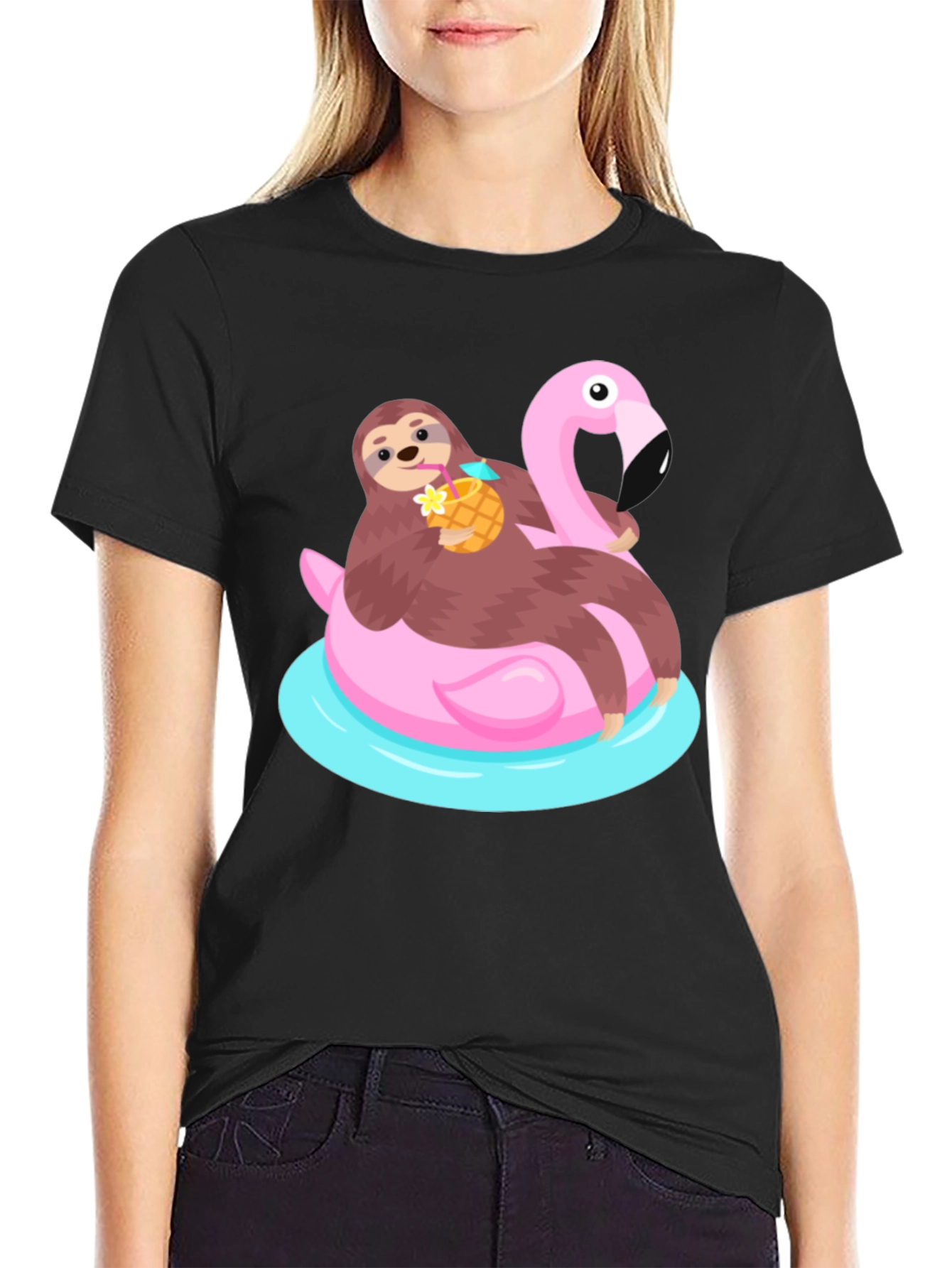 Black Sloth Flamingo Float T-Shirt - Relaxed Summer Vibes view 2