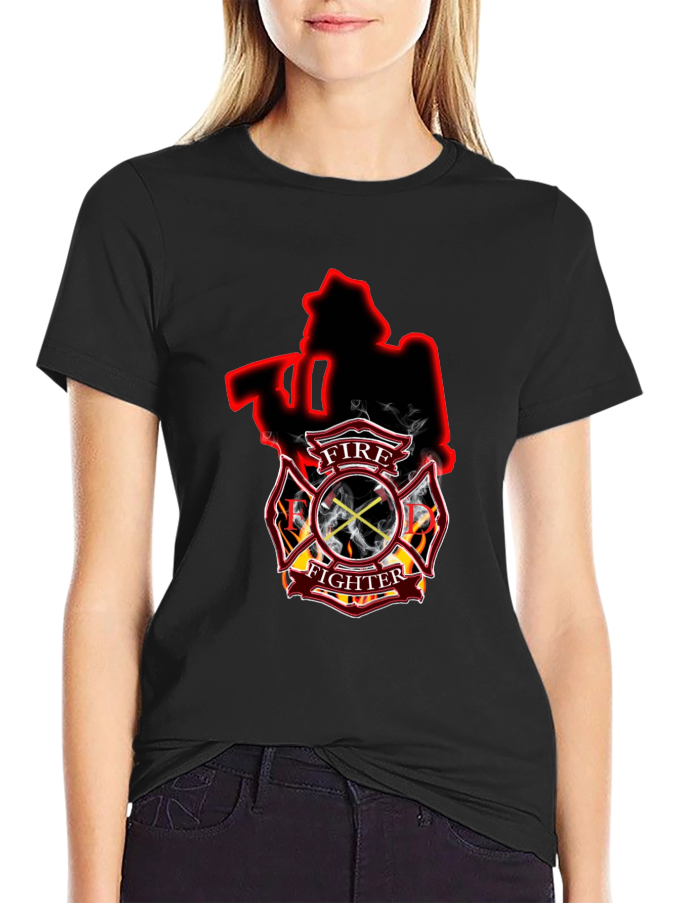 Black Firefighter Axe Shield Black T-Shirt view 2